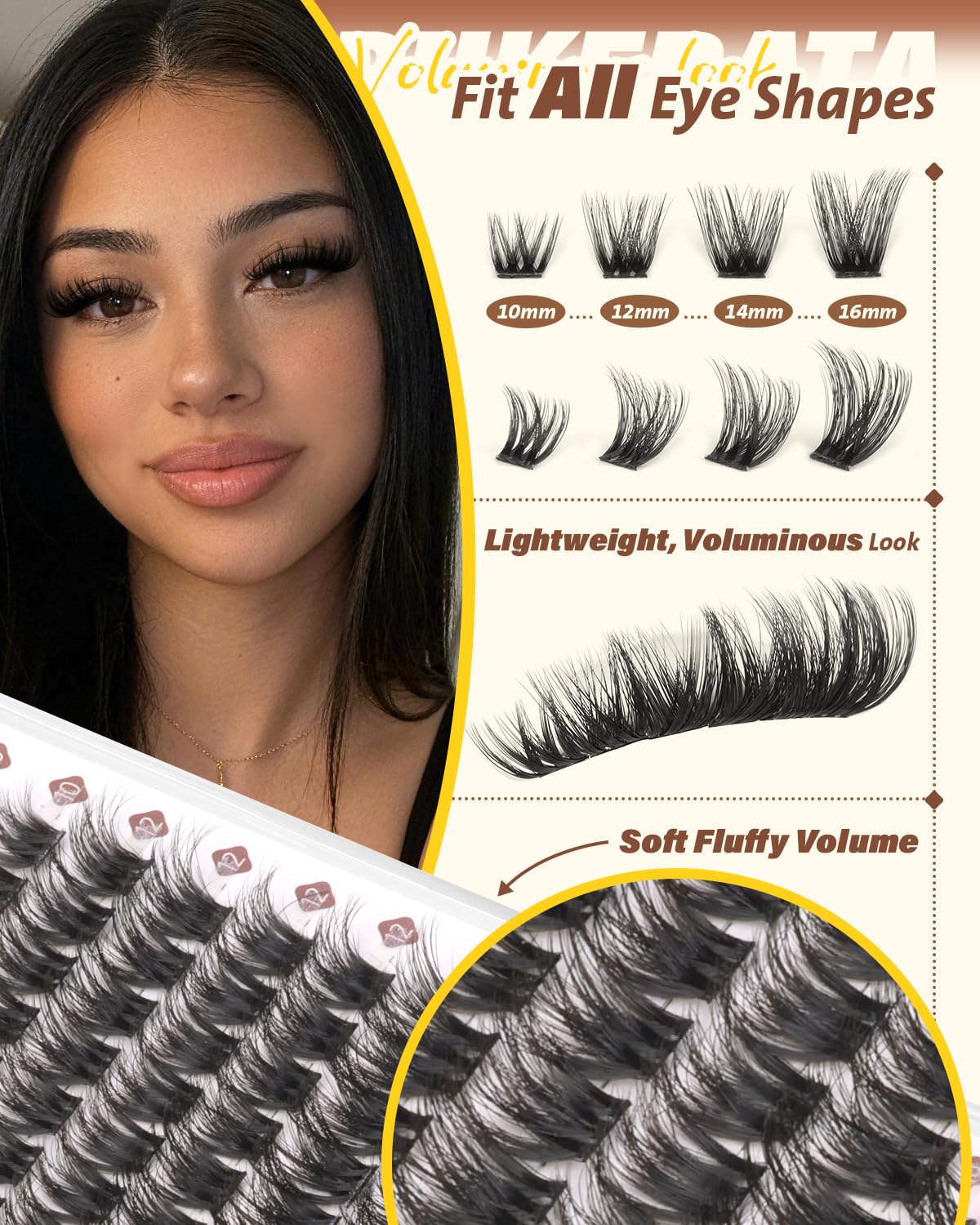 PHKERATA Fluffy Lash Clusters Kit D Curl Wispy Eyelash Clusters Kit, 3D Volume Cluster Eyelash Extensions Kit DIY Individual Lashes with Bond and Seal & Tweezers, 144pcs, 10-16mm