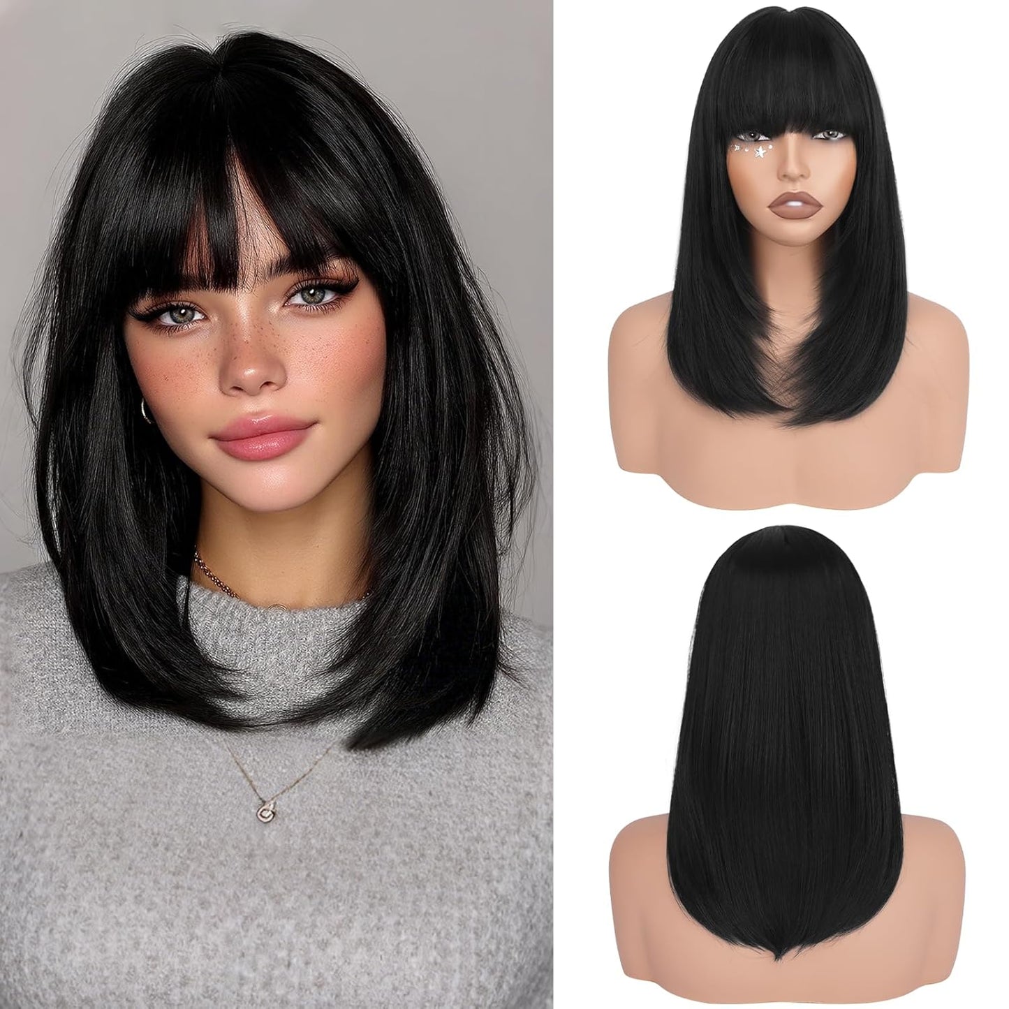 Blonde Bob Wigs with Bangs - Shoulder Length Straight Synthetic Hair | 16 Inch Platinum Blonde