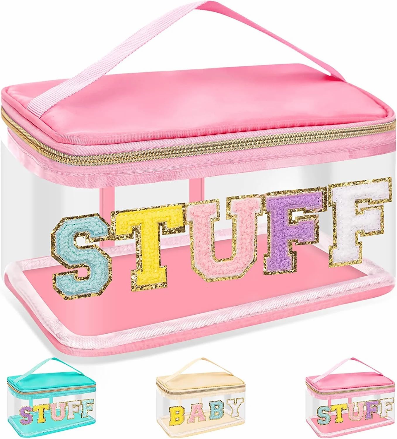 Clear Makeup Bag - Chenille Letter Hair Pouch | Waterproof Glitter Cosmetic Handbag for Travel - Green