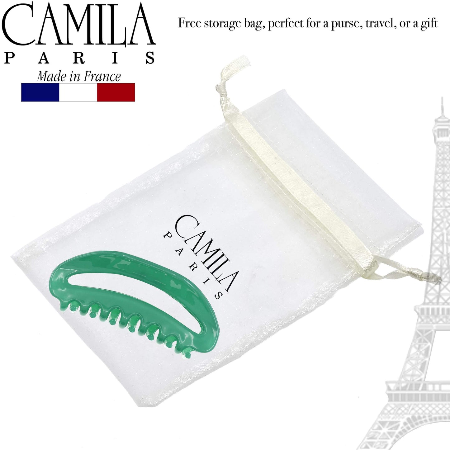 Camila Paris CP2581 French Hair Clips for Women, 3.5" Green, Large Claw Clip Strong Hold All Day, No Damage No Slip Claw Clips for Thick Curly Wavy Fine Straight Hair, Jaw Clip Made in France