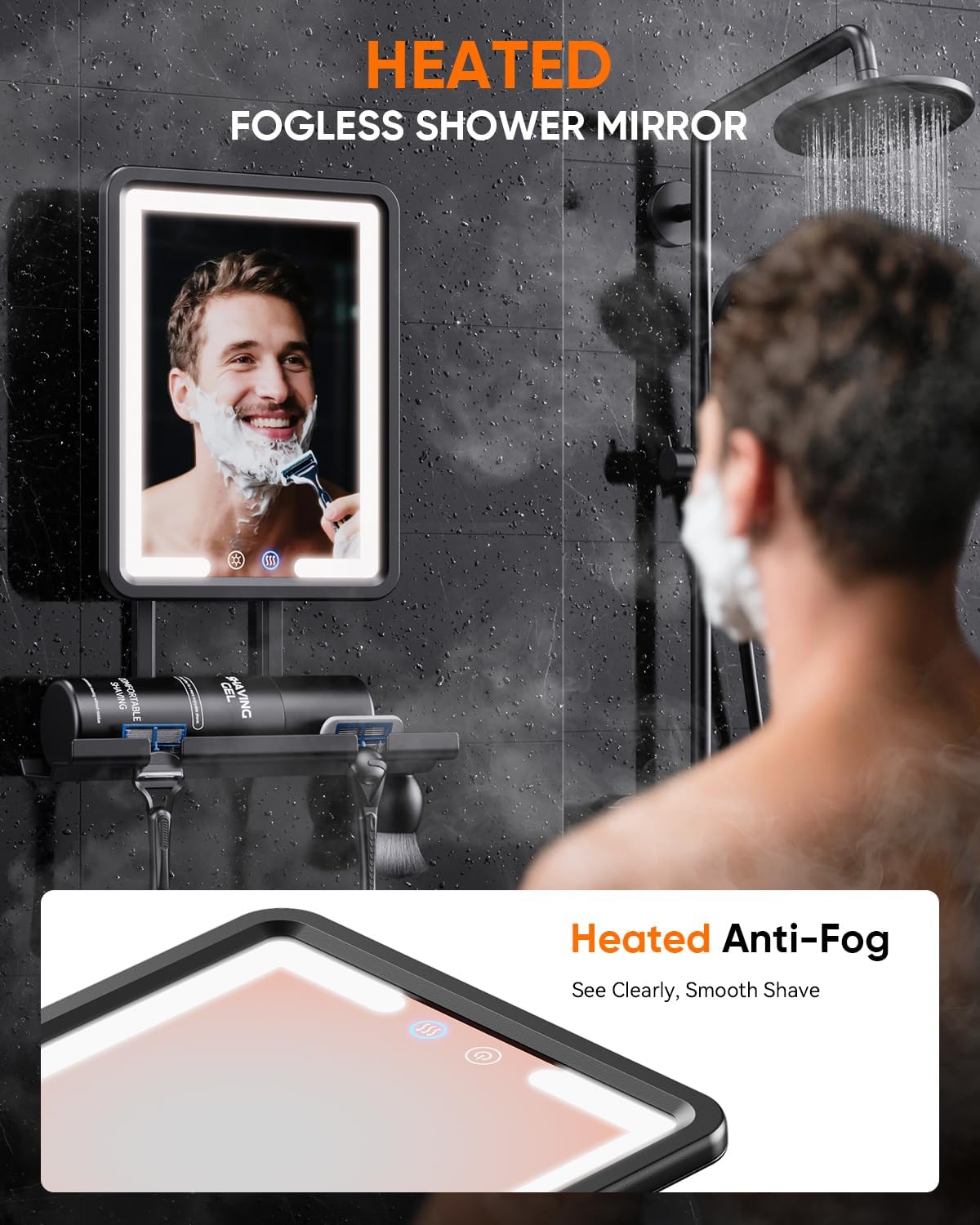 Heated Shower Mirror Fogless - Anti-Fog Shaving Mirror with Dimmable Lights | No-Drilling, Removable, Black