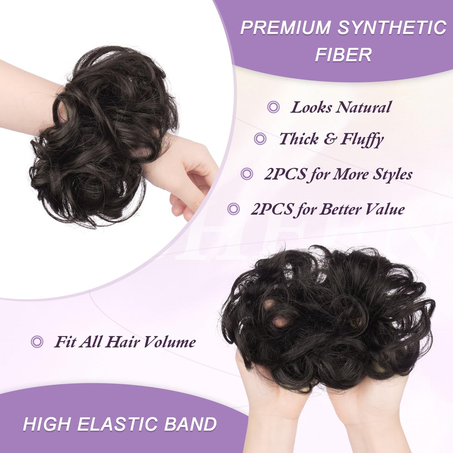 FESHFEN 2PCs Small Messy Bun Hair Piece for Thin Hair Women Girl Mini Synthetic Elastic Wavy Space-bun Scrunchies Updo Hairpieces, Brown Black
