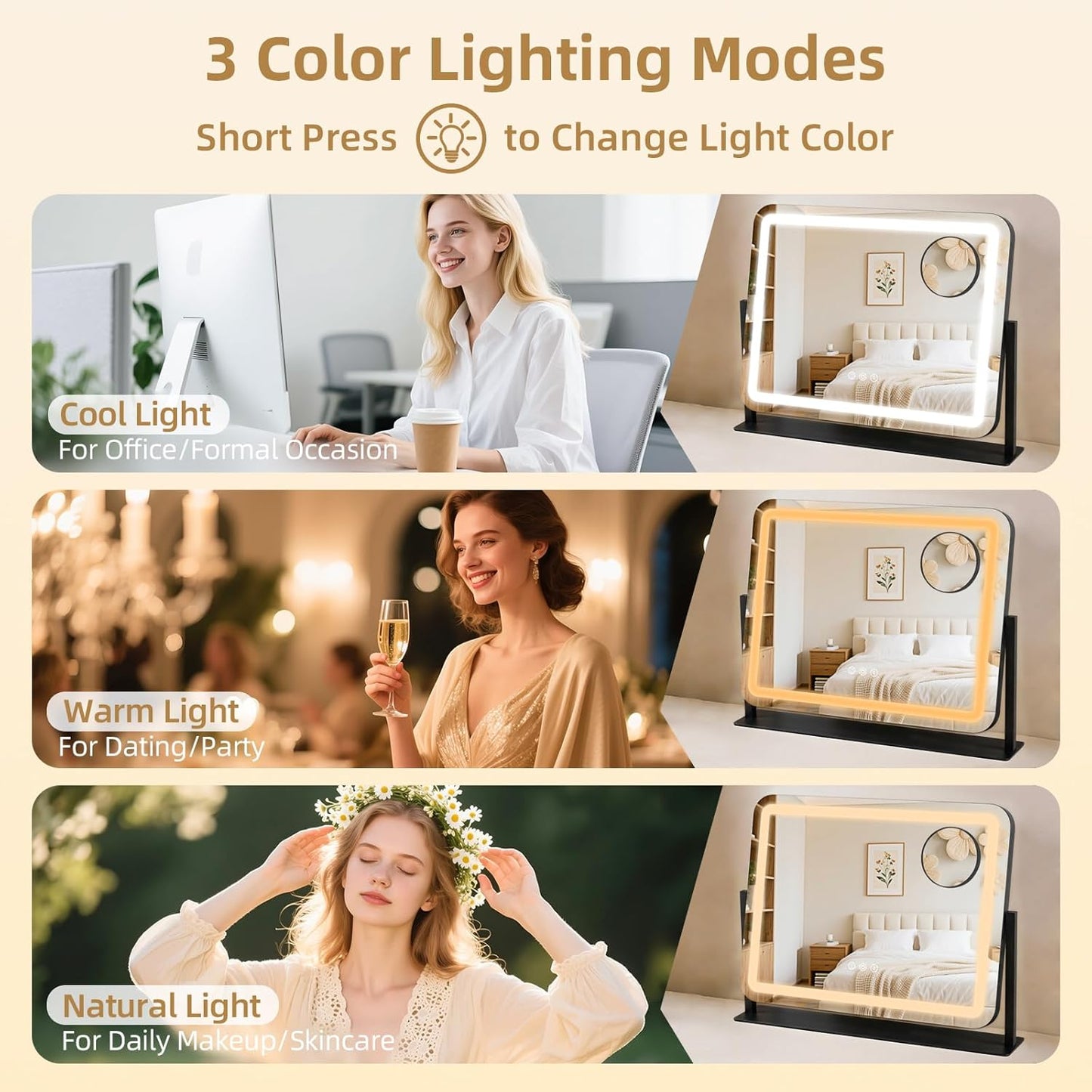 Lighted Makeup Mirror with 10X Magnification - 3 Color Dimmable Lights, 360° Rotation | 22"x17", Black