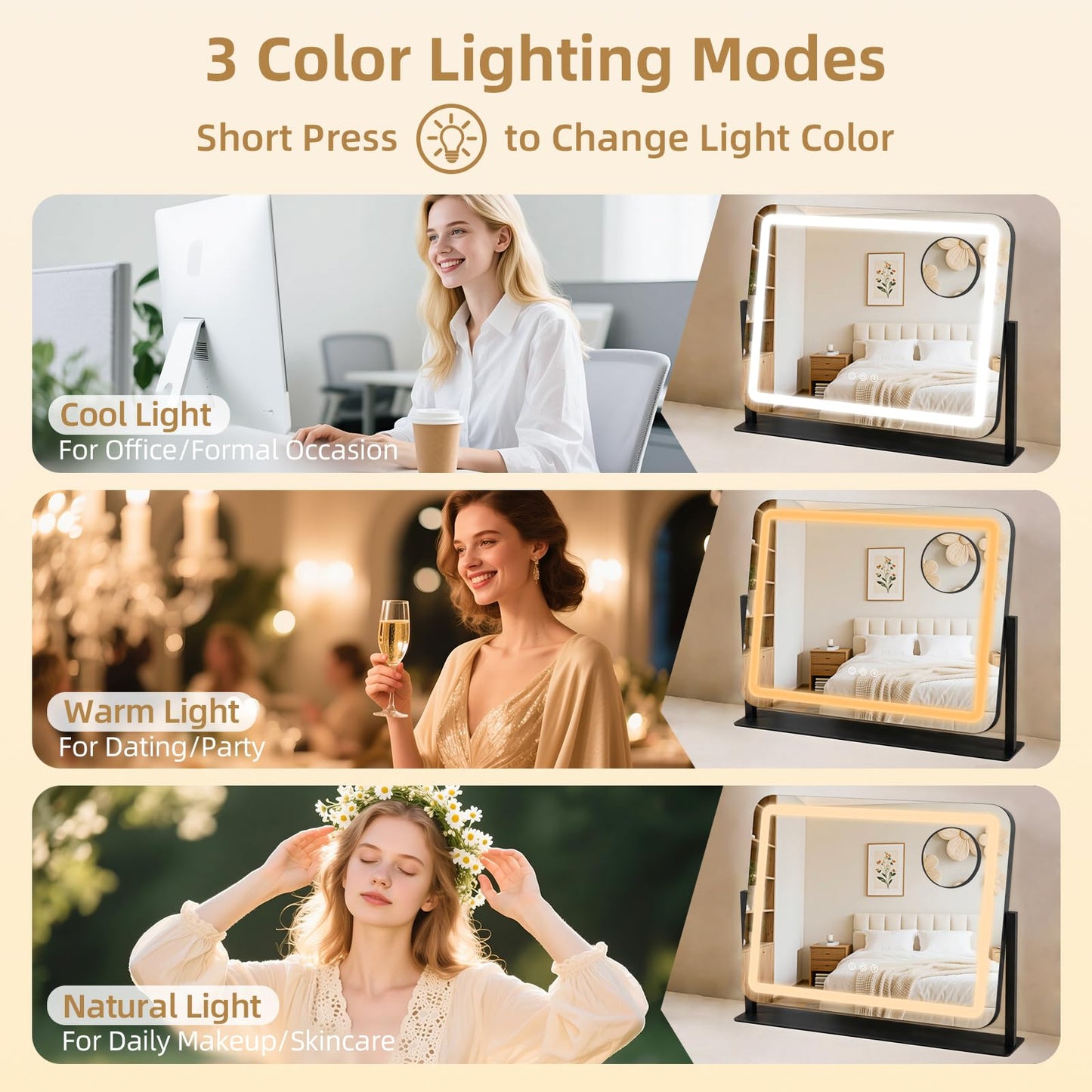 Vanity Mirror with Lights 22"x17", Lighted Makeup Mirror with 10X Magnification, 3 Color Dimmble Lights, Touch Control, 360° Rotation, Metal Frame, Women's Gift, For Bedroom/Dressing Room, Black