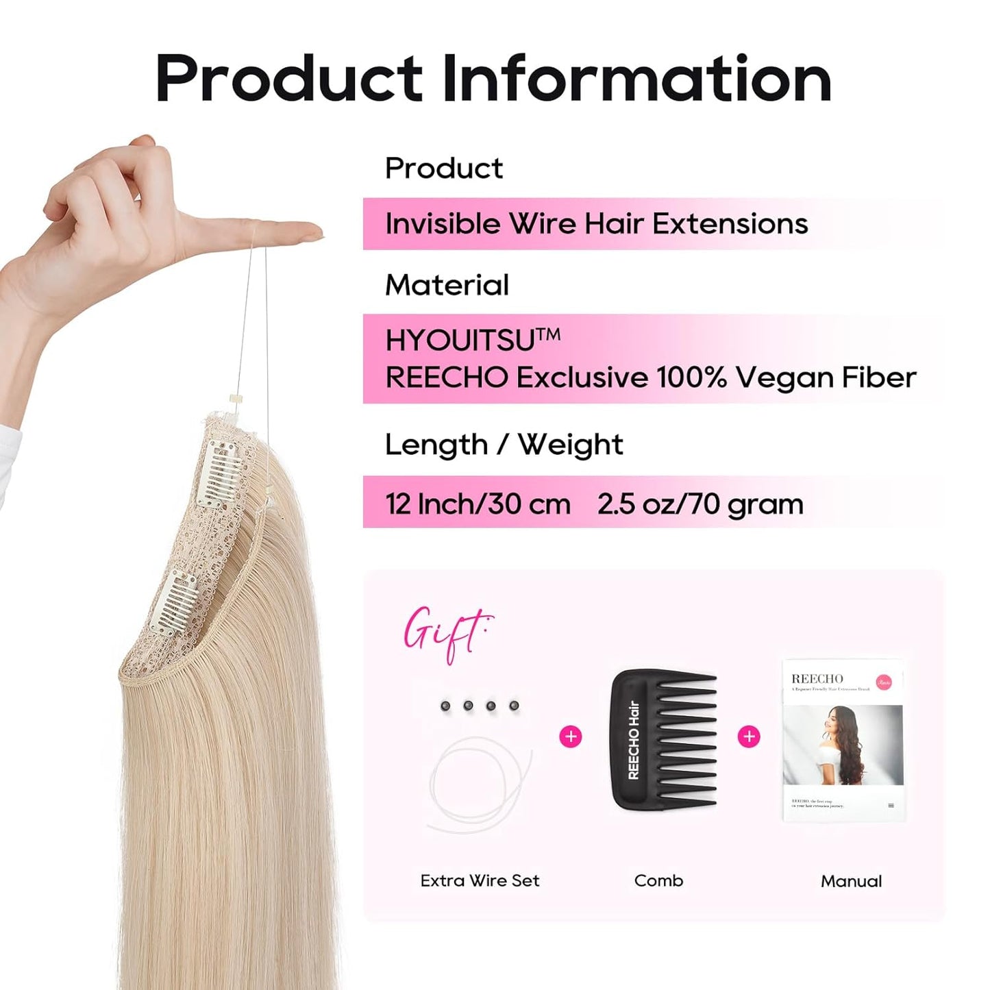 REECHO Invisible Wire Hair Extensions - Thinner Lace Weft, 12-Inch Short Straight Clips | Light Blonde