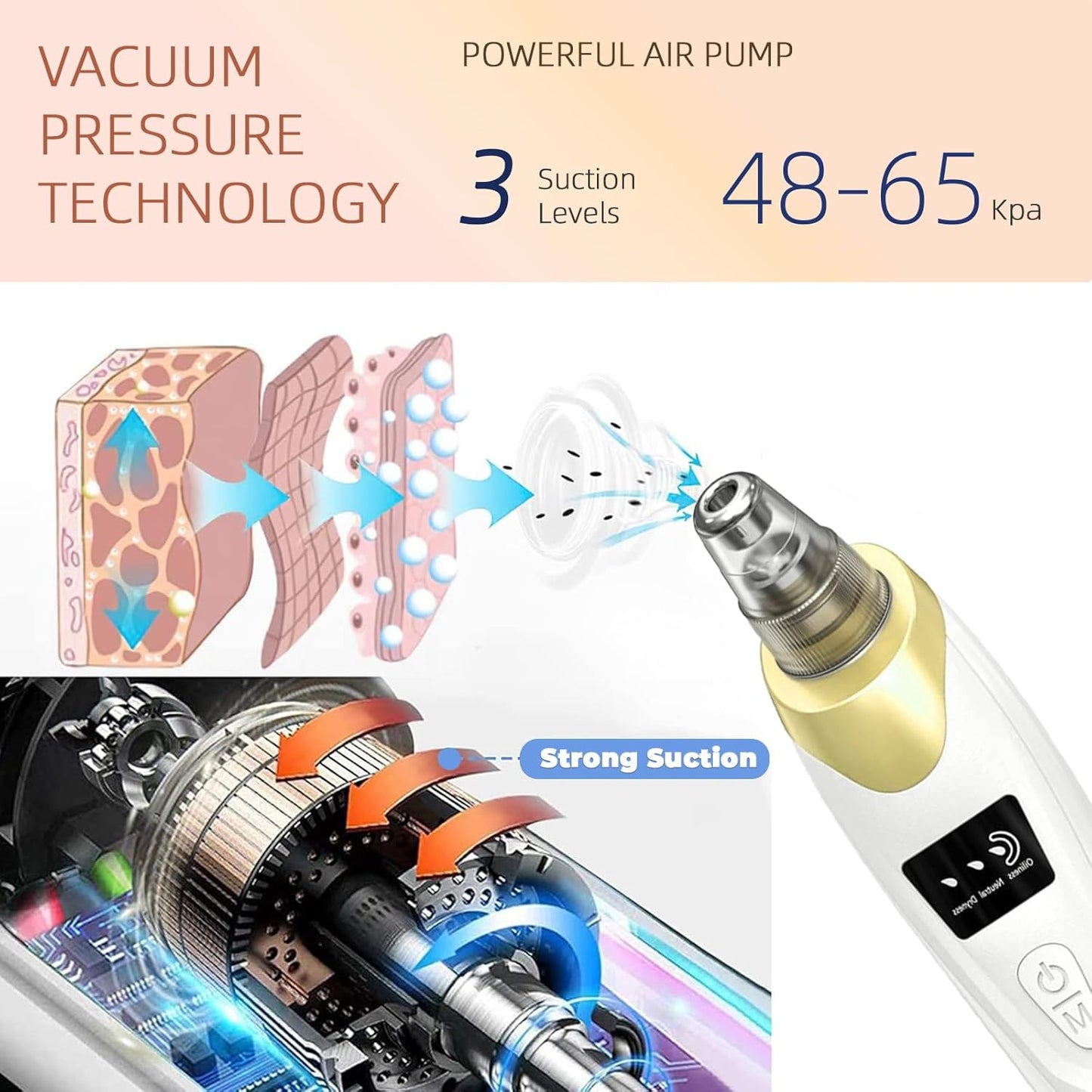 Pore Vacuum Blackhead Remover - USB Rechargeable, 3 Adjustable Levels, 5 Suction Powers, 6 Probes | Face Cleanser for Women & Men - Gold