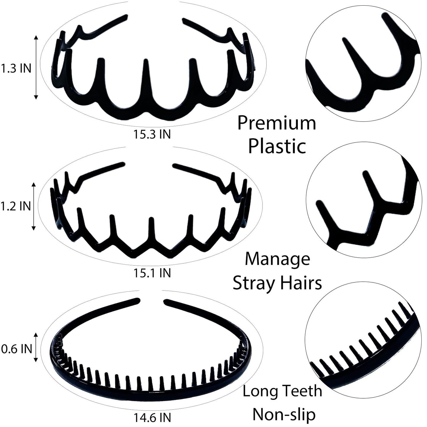 GIYAWA 6 PCS Headbands with Teeth Non Slip Comb Headband Fashion Plastic Hair Bands Hair Accessories for Women Men Teens Girls, Bright Black
