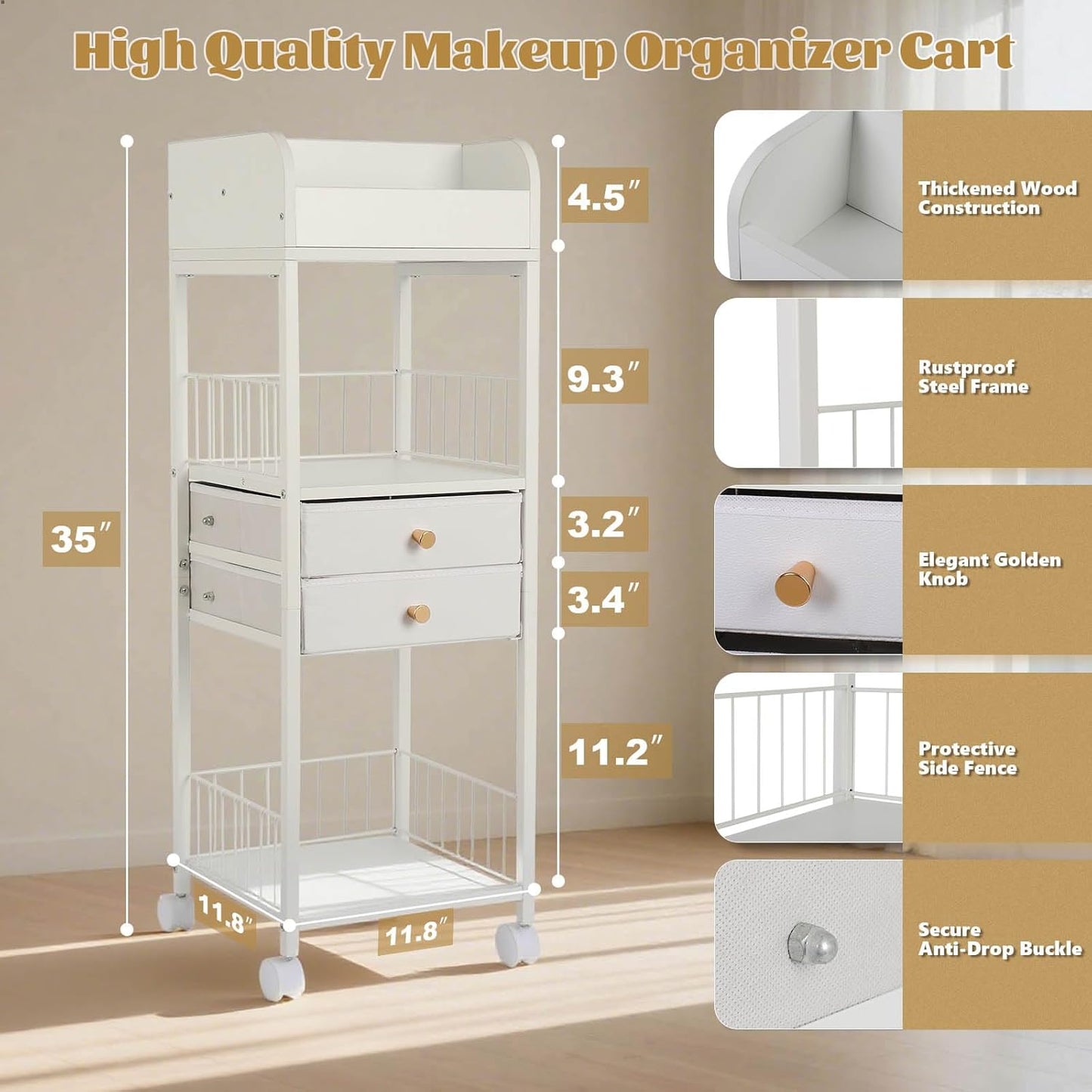 Makeup Organizer Storage Cart - 2 Drawer Versatile Vanity Display Case for Skincare, Cosmetics & Hair Tools | Floor Stand