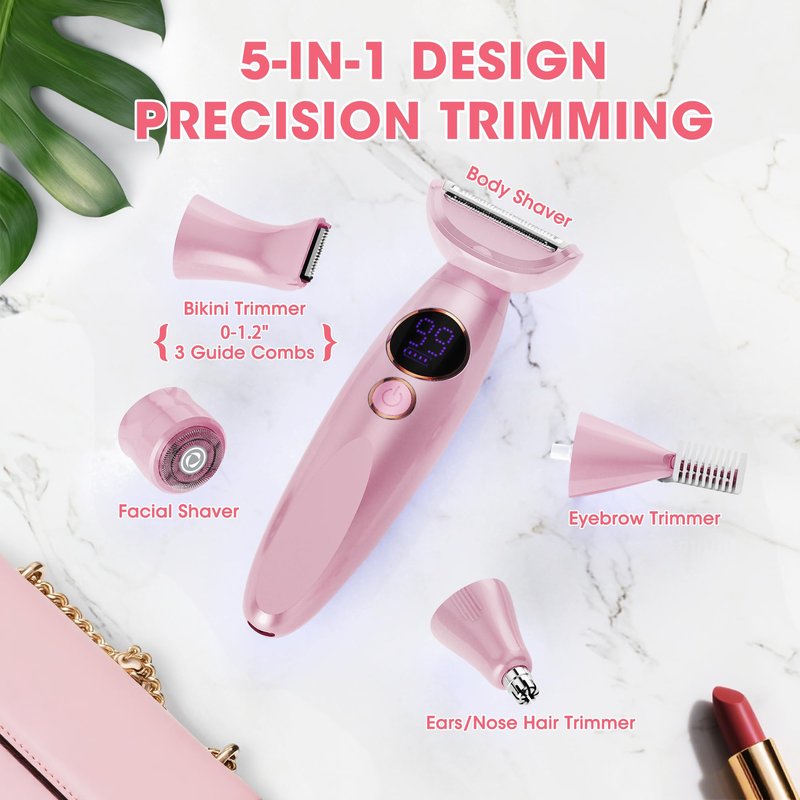 Karrte 5-in-1 Electric Razor for Women's Pubic Hair, Painless Body Shaver and Facial Epilator, Hair Removal for Face, Bikini Trimmer for Women's Private Area Pink