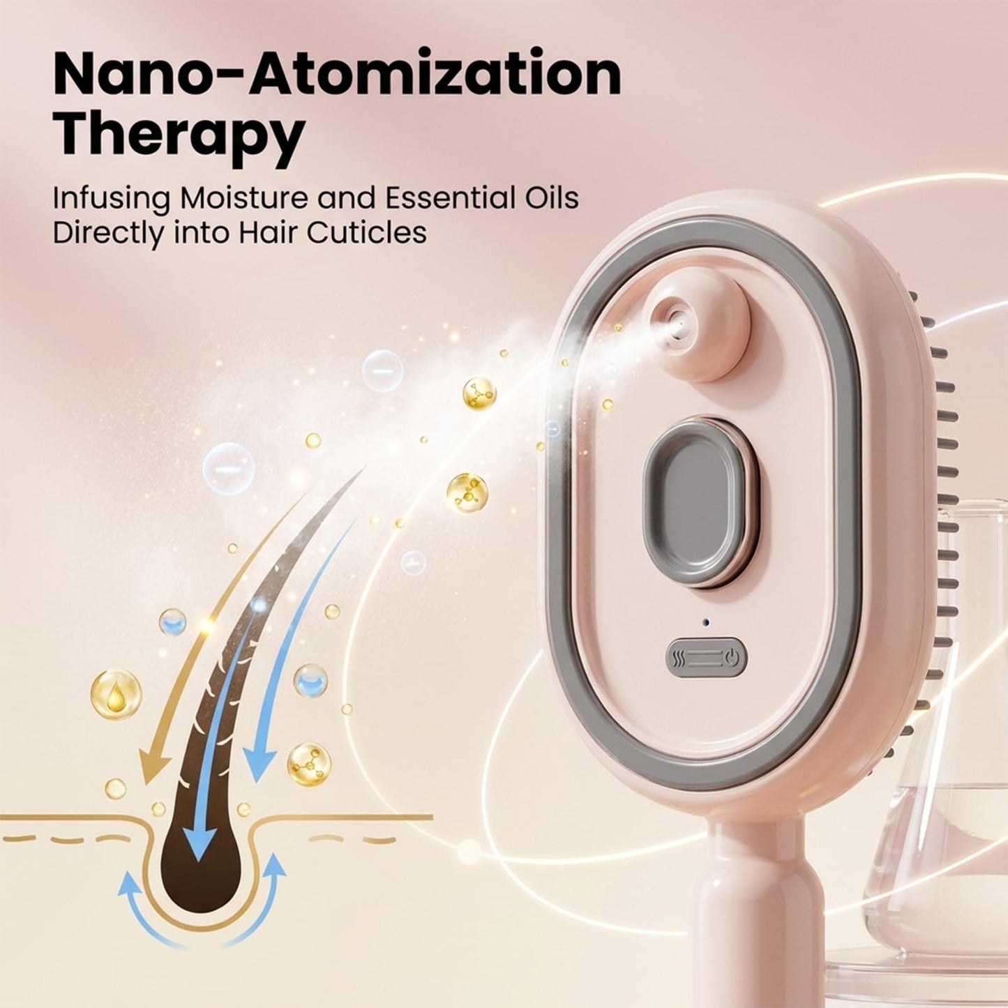 Electric Spray Hair Brush with 10ML Refillable Water Tank, Electric Spray Air Cushion Massage Comb with Red Light Scalp Care, Retractable Detangling Steam Brush for Hair and Frizz Control (Off-white)