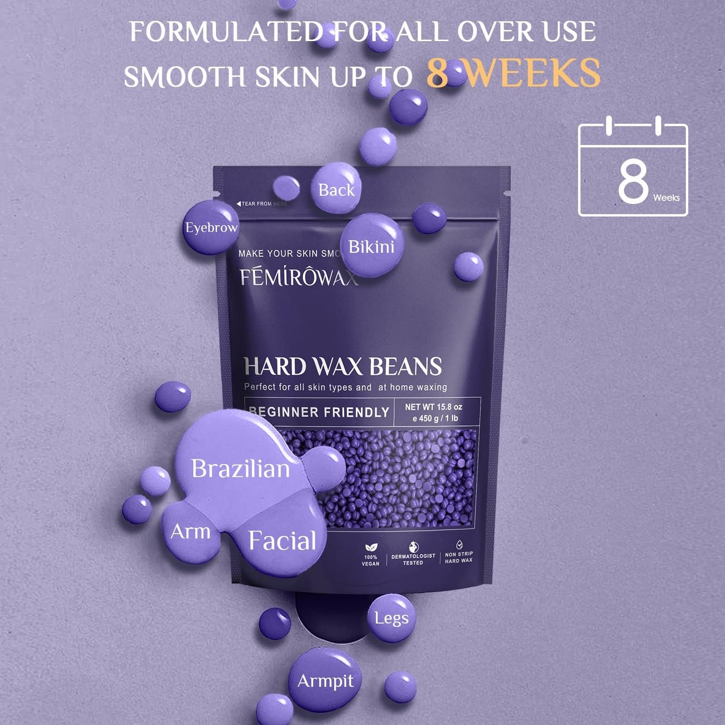 FEMIROWAX Wax Beads, 1lb Hard Wax Beans for Hair Removal Sensitive Skin with Lavender Formula Waxing Beads for Full Body Brazilian Bikini Face Eyebrow at Home Wax Refill for Women Men