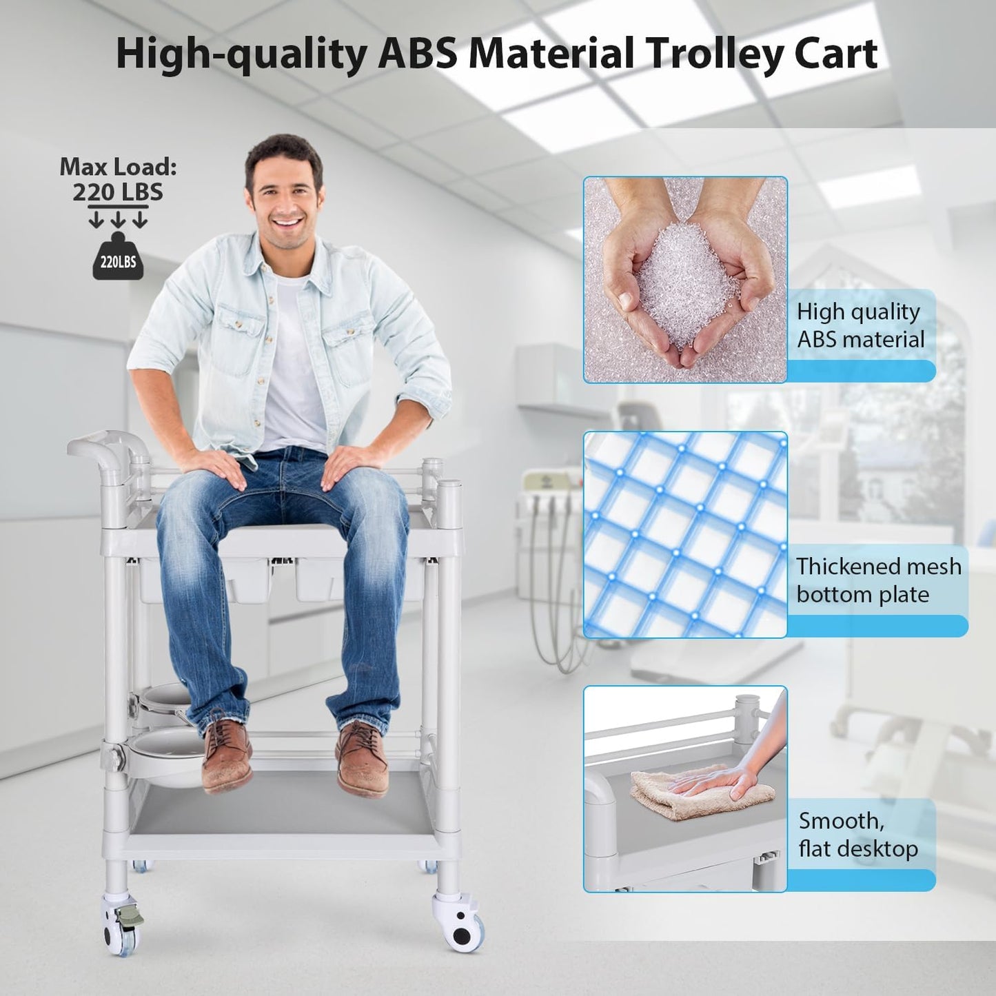 Medical Mobile Trolley Cart - Heavy Duty 2-Shelf Utility Cart | 220 LBS Max Load, Rolling Design for Beauty & Healthcare