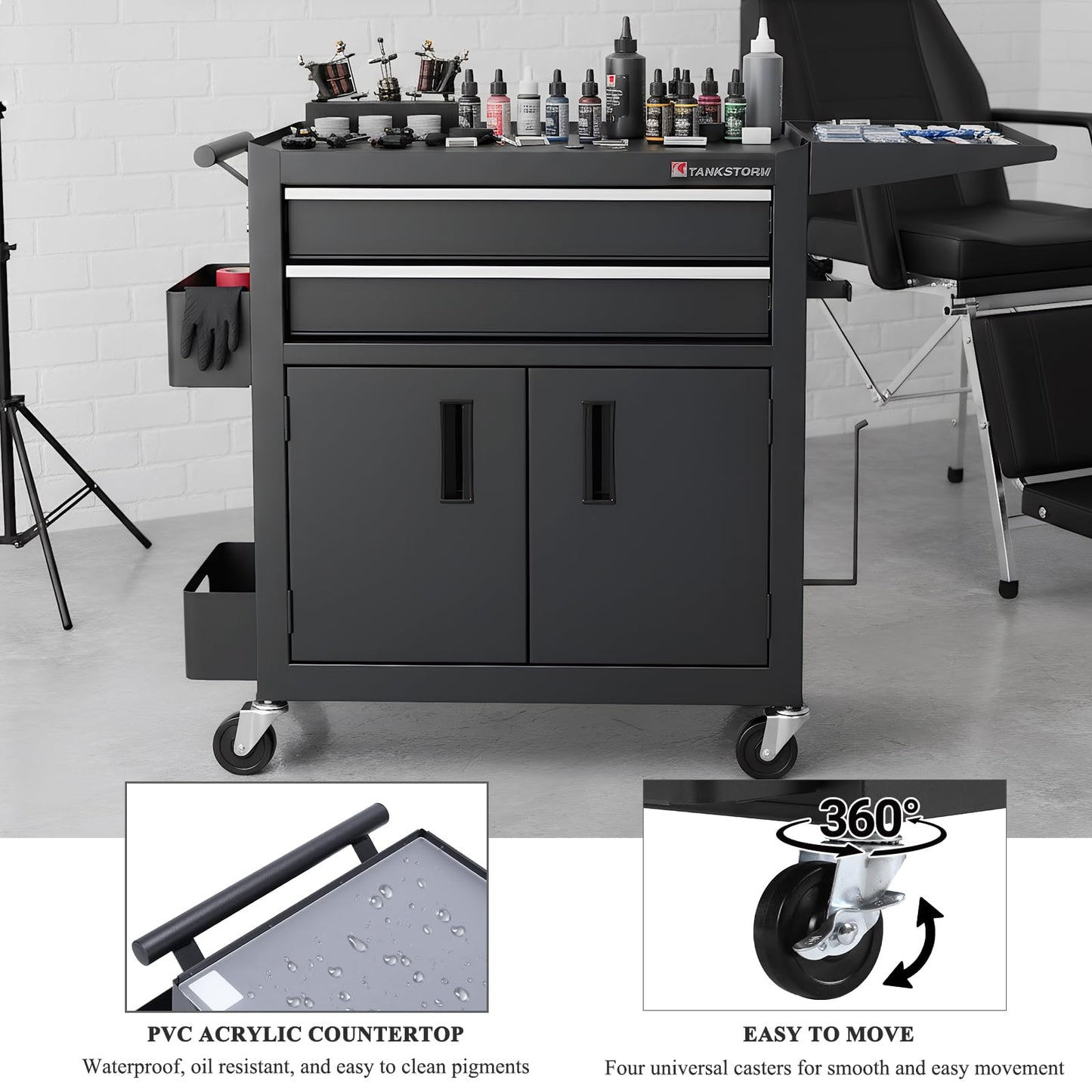 Professional Mobile Rolling Hair Stylist & Tattoo Station Black Steel