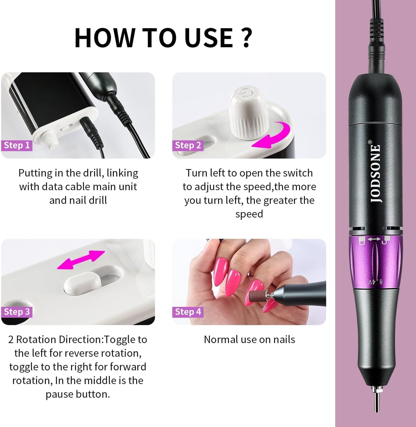 JODSONE Nail Drill - 45000 RPM Rechargeable Nail File for Gel Removal | Low Noise & Portable for Home or Salon