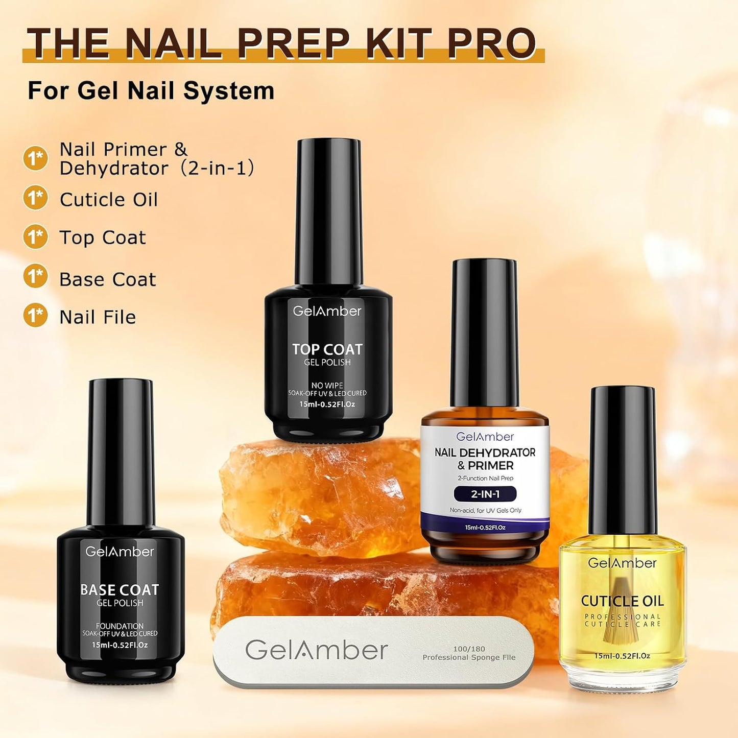 Nail Dehydrator and Primer 2-in-One Set - 15ml Gel Base, Top Coat, Cuticle Oil & Nail File | Acid-Free Essentials for Long-Lasting Manicure
