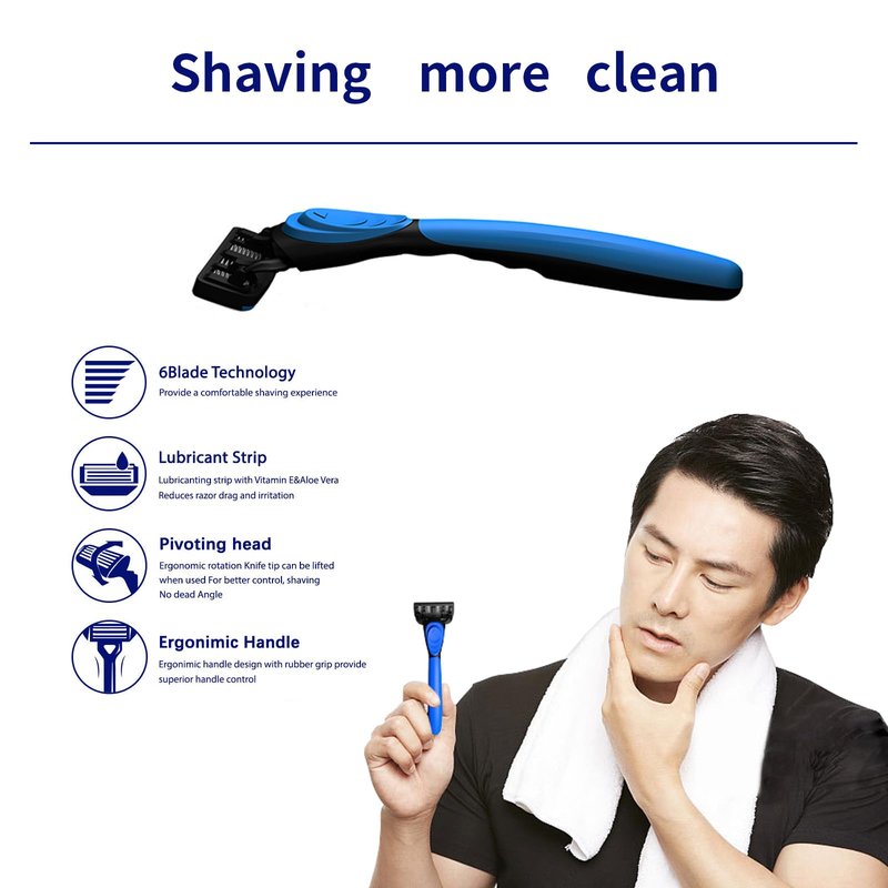 6-Blade Razor,Plastic Anti-slip Men Manual Refill Cartridges razors, 1 handle and 8 refill razor cartridges, Reusable Face Cleansing Care Tool, Shave Supplies for Men and Women - Black