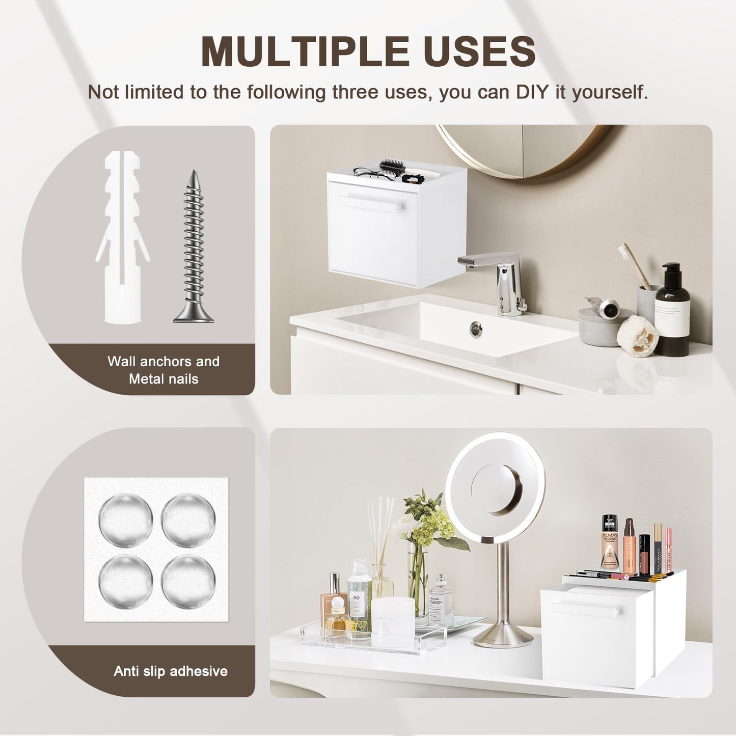 TAINESS Disposable Face Towel Storage Box Compatible with Clean Skin Club Clean Towel XL Acrylic Facial Towels Holder with Drawer Wall-Mounted Makeup Organizer for Vanity, Bathroom (Glossy White)