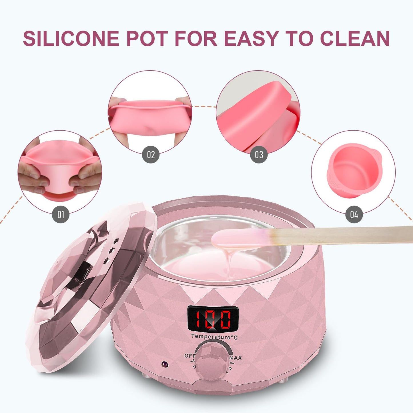 Charmonic Wax Warmer, Upgrade Digital Waxing Kit with Silicone Pot & 500g Hard Wax Beads for Whole Body Brazilian Bikini Legs Armpit Nose Hair Removal, Hot Wax Machine (Pink)