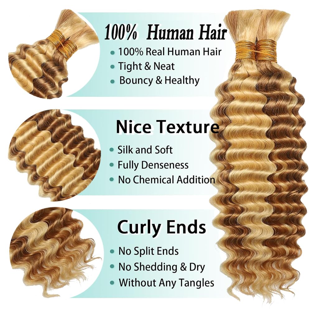 613 Human Braiding Hair For Boho Braids Honey Blonde Deep Wave Bulk Human Hair For Braiding No Weft 3 Braids Per Pack 27 Mixed With 613 Color 16 16 16 Inch