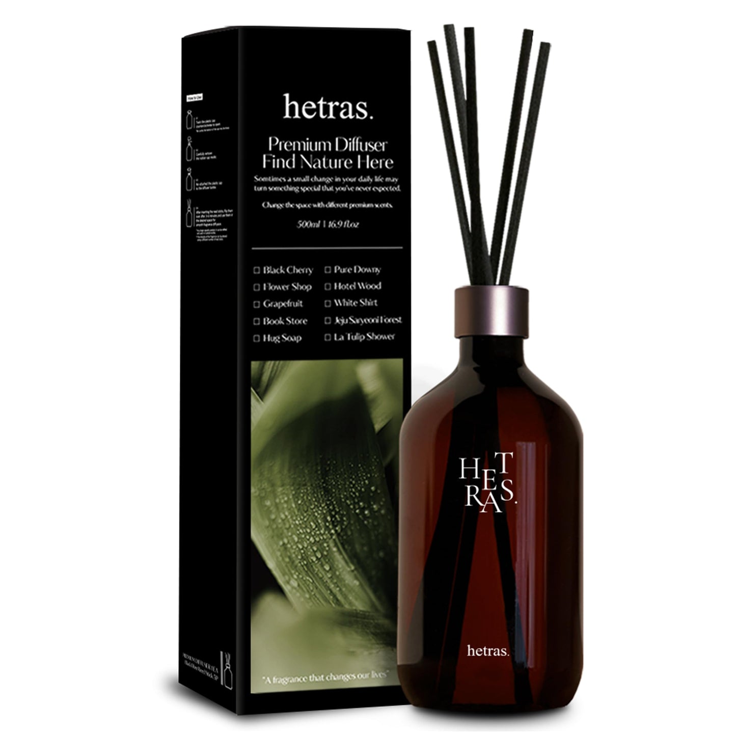 hetras Premium Reed Diffuser Set (Jeju Saryeoni Forest Scent)–Large Capacity Home Fragrance | 16.9 fl.oz (500ml), 1 Pack with 5 Reed Sticks | Citrus & Cedarwood Aroma | Luxury Decor for Home & Office