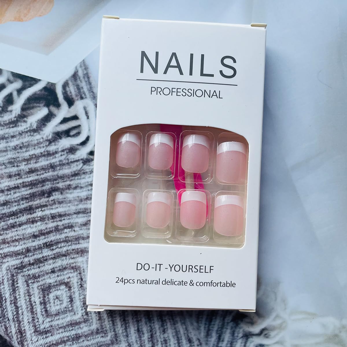 French Tip Press-On Nails - Short Square Acrylic Full Cover | 24pcs Reusable Nude Design for Women
