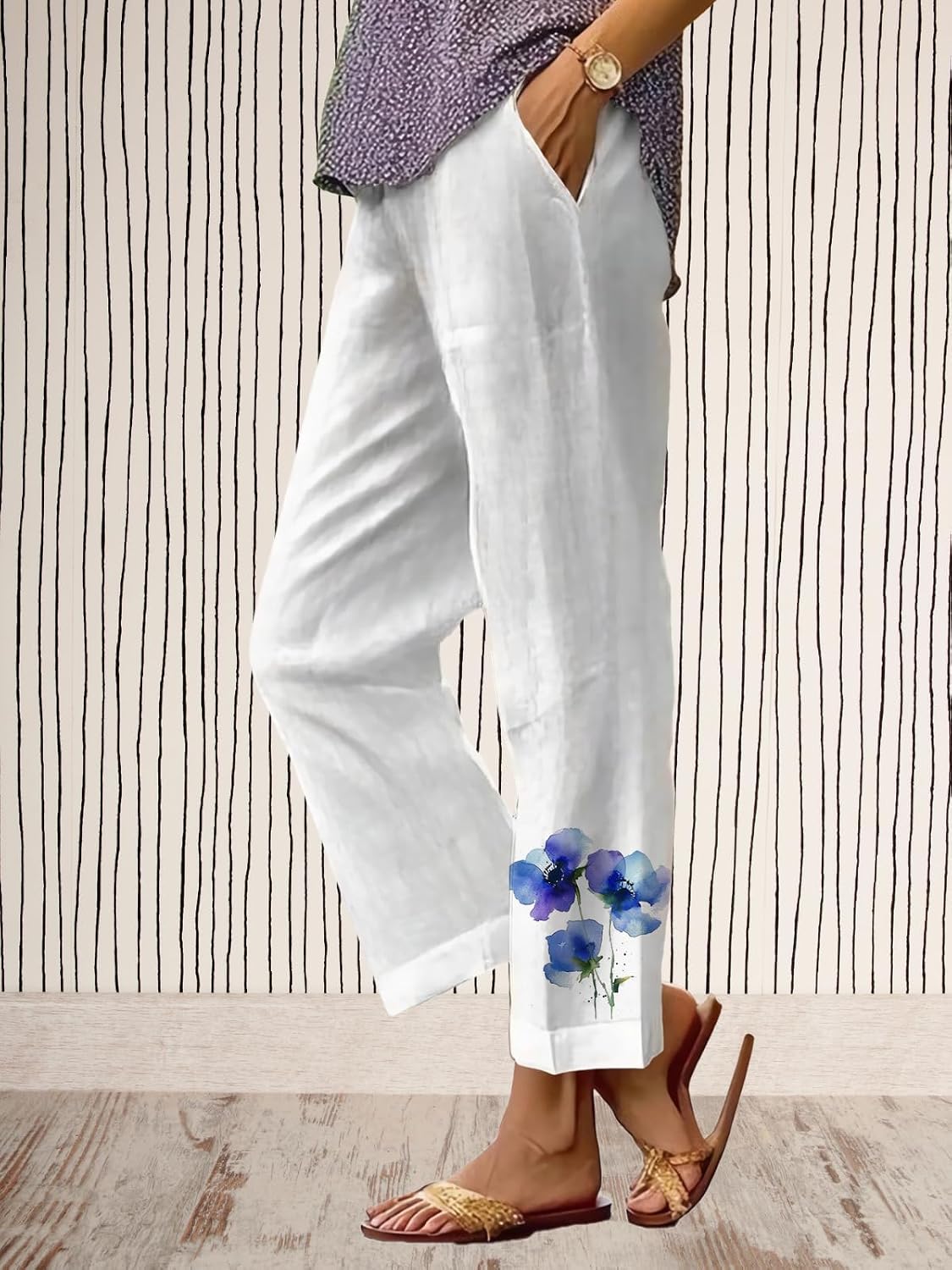 Women's Boho Floral Wide Leg Capris - Elastic Waist, Loose Fit Beach Pants | Casual Summer Trousers