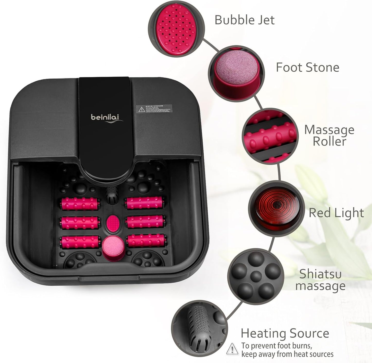 Beinilai Collapsible Foot Spa | Heated Foot Bath with Massage & Bubble Jets - Red Light, Pumice Stone, Acupressure Rollers