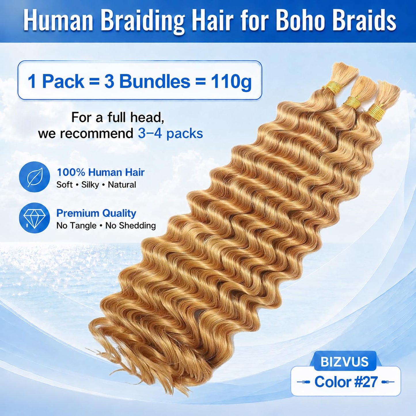 BIZVUS Human Braiding Hair for Boho Braids 110g Deep Wave Boho Bulk Human Hair for Braiding Knotless 12A Wet and Wavy Bulk Bohemian Curly 3 Bundles/Pack #27 Honey Blonde Color 14 inch