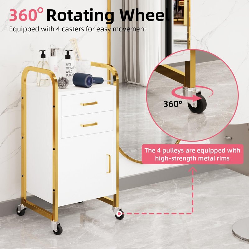 4ever2buy Salon Station for Hair Stylist, Rolling Salon Trolley Cart with Wheels, Beauty Barber Station with 2 Drawer & Cabinet, Mobile Storage Cabinet for Barbershop, Spa&Tattoo, White and Gold