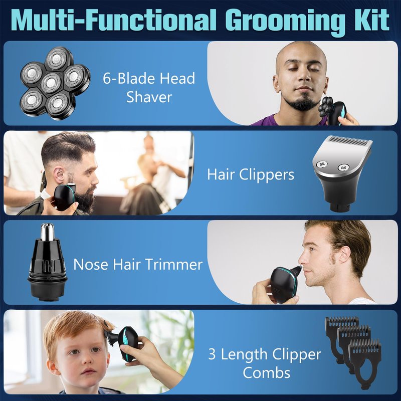 Electric Head Shaver for Bald Men, 6 in 1 Mens Electric Heads Razor Bald Head Shaver Cordless Razor Men, IPX7 Wet/Dry Waterproof Men's Rotary with Shavers Kit LED Display (Green)