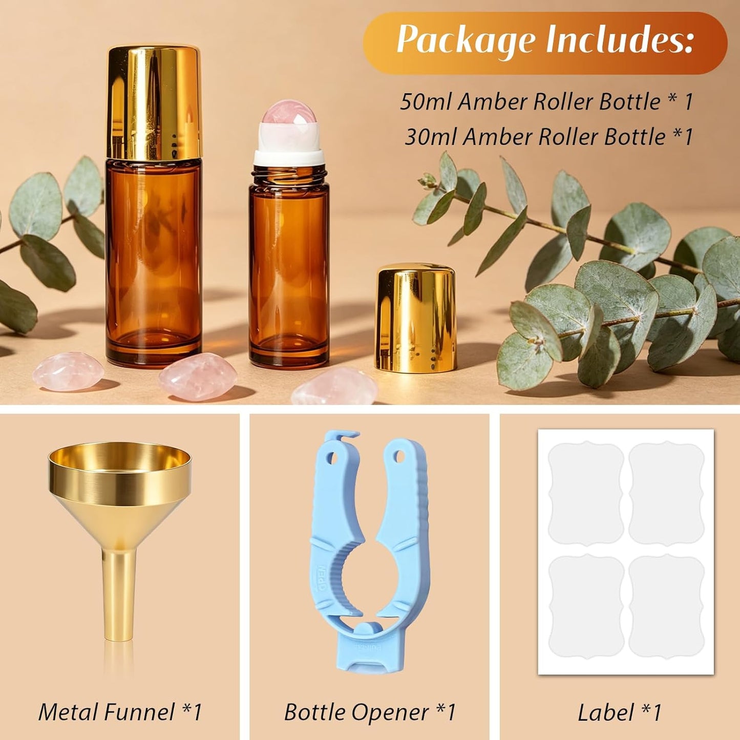 Rose Quartz Essential Oil Roller Bottles - 2 Pack Leakproof Amber Glass | 50ml & 30ml for Perfume & DIY