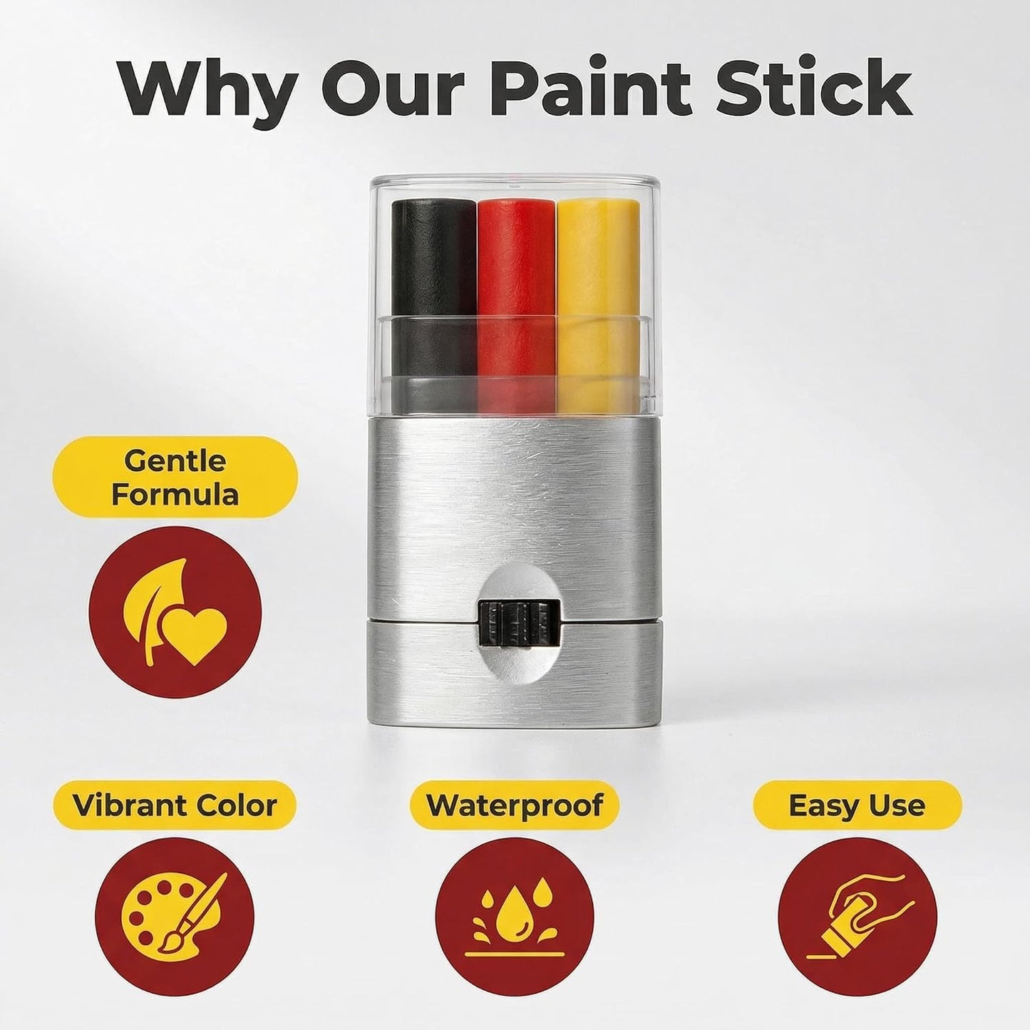 3-Color Face Paint Stick - Long-Lasting Sweatproof Makeup for Game Day | Kid-Friendly & Easy Wash (Black, Red, Yellow)