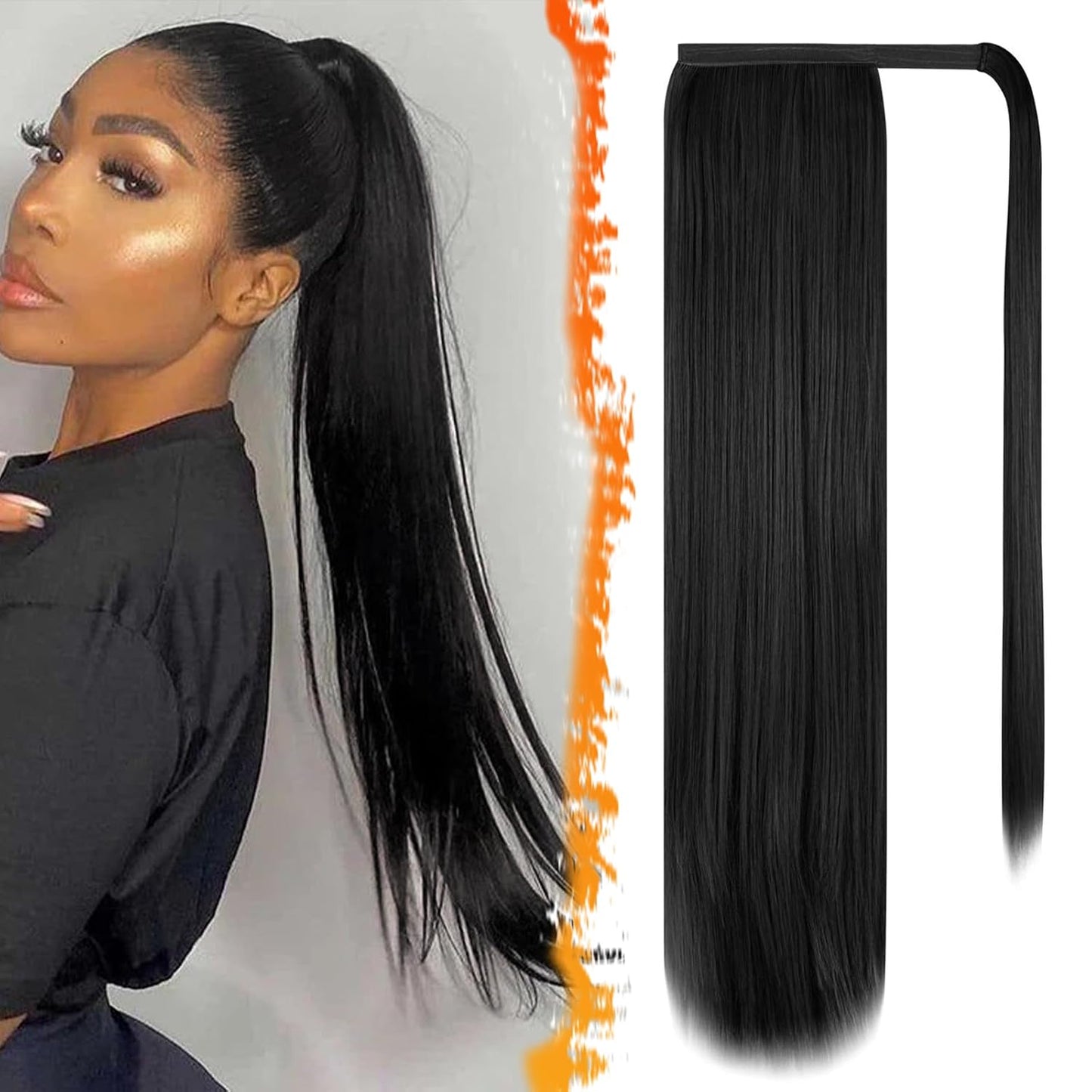 Dark Brown Straight Wrap Ponytail Extension - 24 Inch Clip-In Hairpiece for Black Women | Synthetic Hair