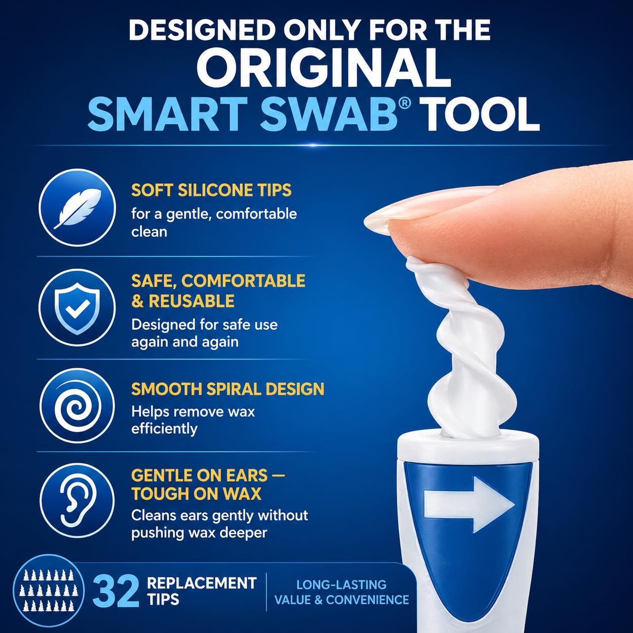Smart Swab Spiral Ear Wax Removal Replacement Tips – 32 Soft Silicone Spiral Tips Only (No Handle) | Patented Safe Ear Cleaning Design | Easy, Gentle & Reusable Ear Cleaner Refills
