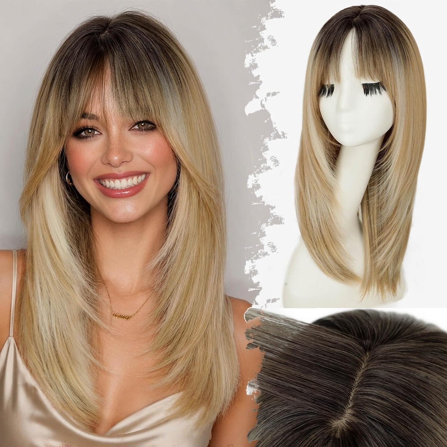 Beginner-Friendly Ash Blonde Wig with Bangs - 4x4 Glueless Synthetic Hair, Medium Length, Face-Framing Layers