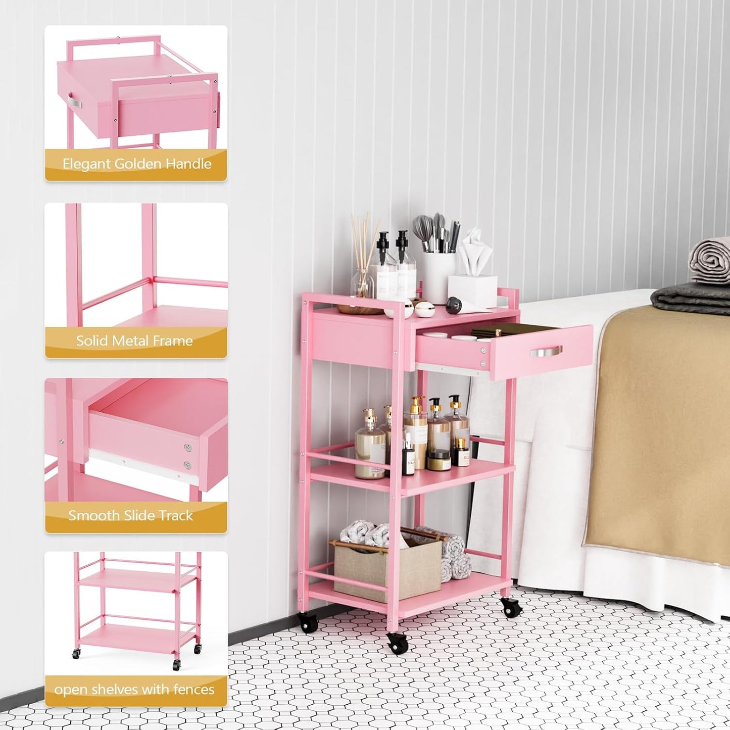 Salon Trolley Cart - Wooden Rolling Storage Station for Beauty | Mobile Utility Cabinet with 1 Drawer & 2 Trays, Pink