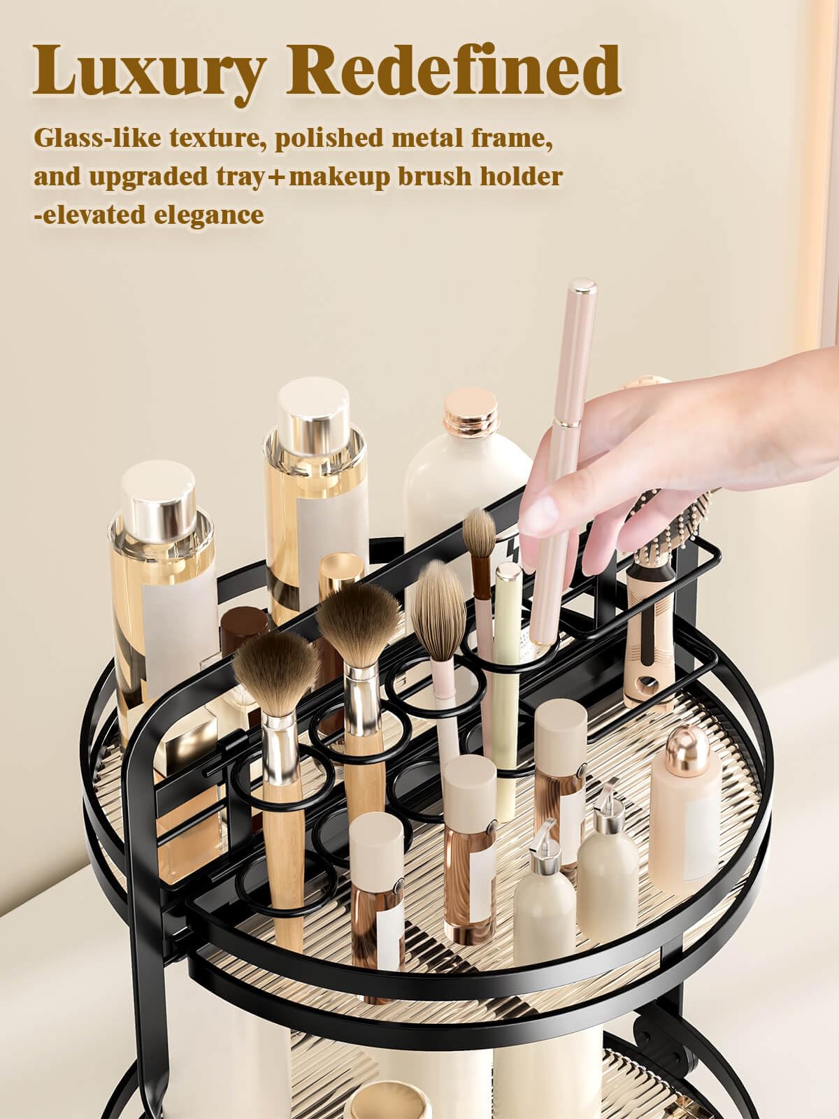 DUANFEE Rotating Makeup Vanity Organizer, 360 Spinning Perfume Organizer for Dresser, 2-Tier Black Bathroom Countertop Organizer, Lazy Susan Skincare Storage, Cosmetic Display with Makeup Brush Holder