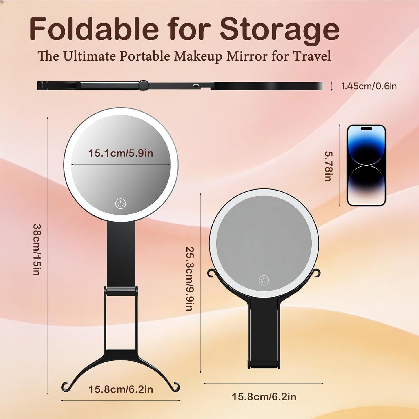 Double-Sided Makeup Mirror with Lights - 10X/1X Magnification, 3 Color Lighting & Adjustable Brightness | Portable Handheld for Desktop & Travel (Black)