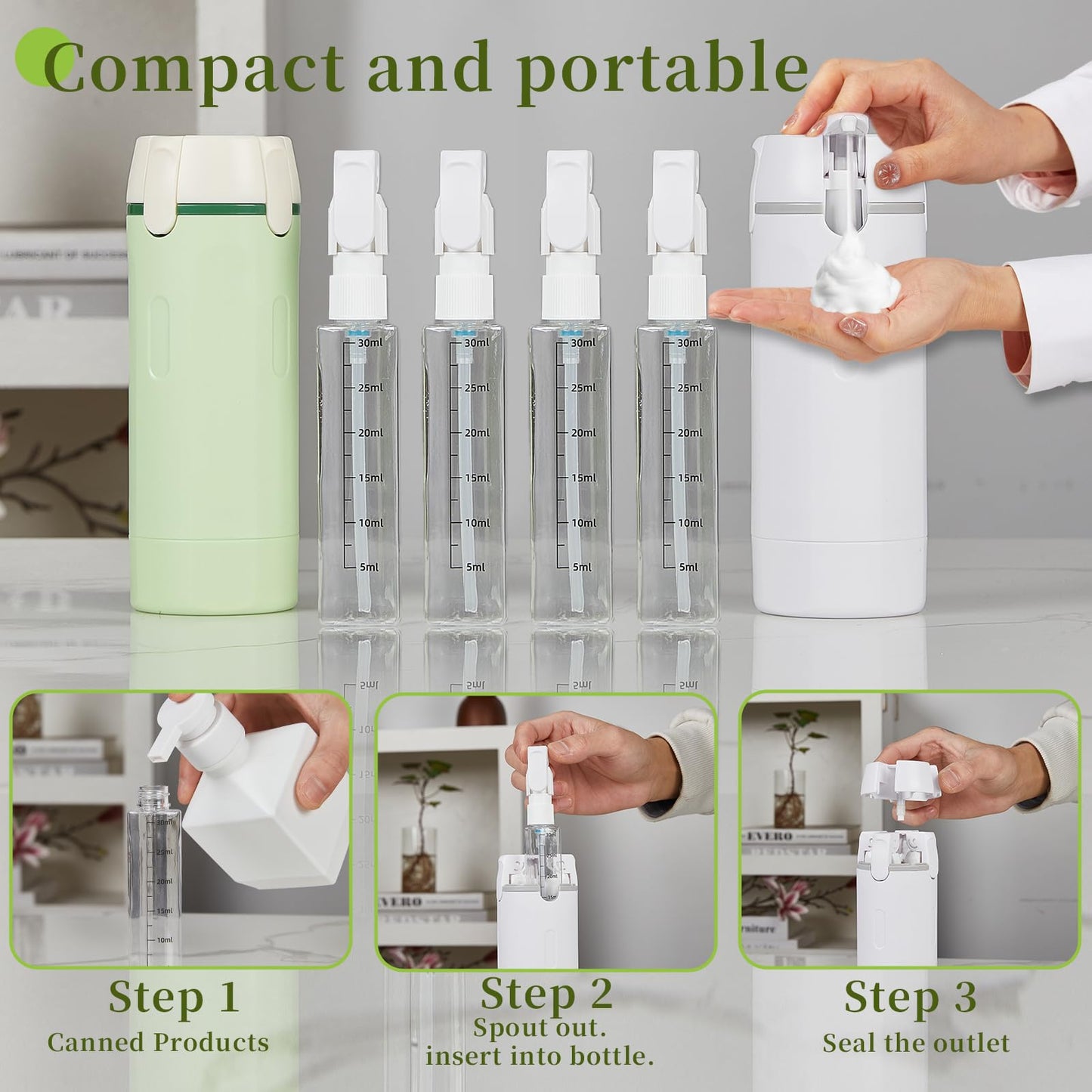 4 in 1 Travel Dispenser Bottle Refillable Leak-Leak Proof and Portable for Shampoo, Conditioner, Shower Gel & Toiletries Perfect for Vacation, Camping & Gym. (White)