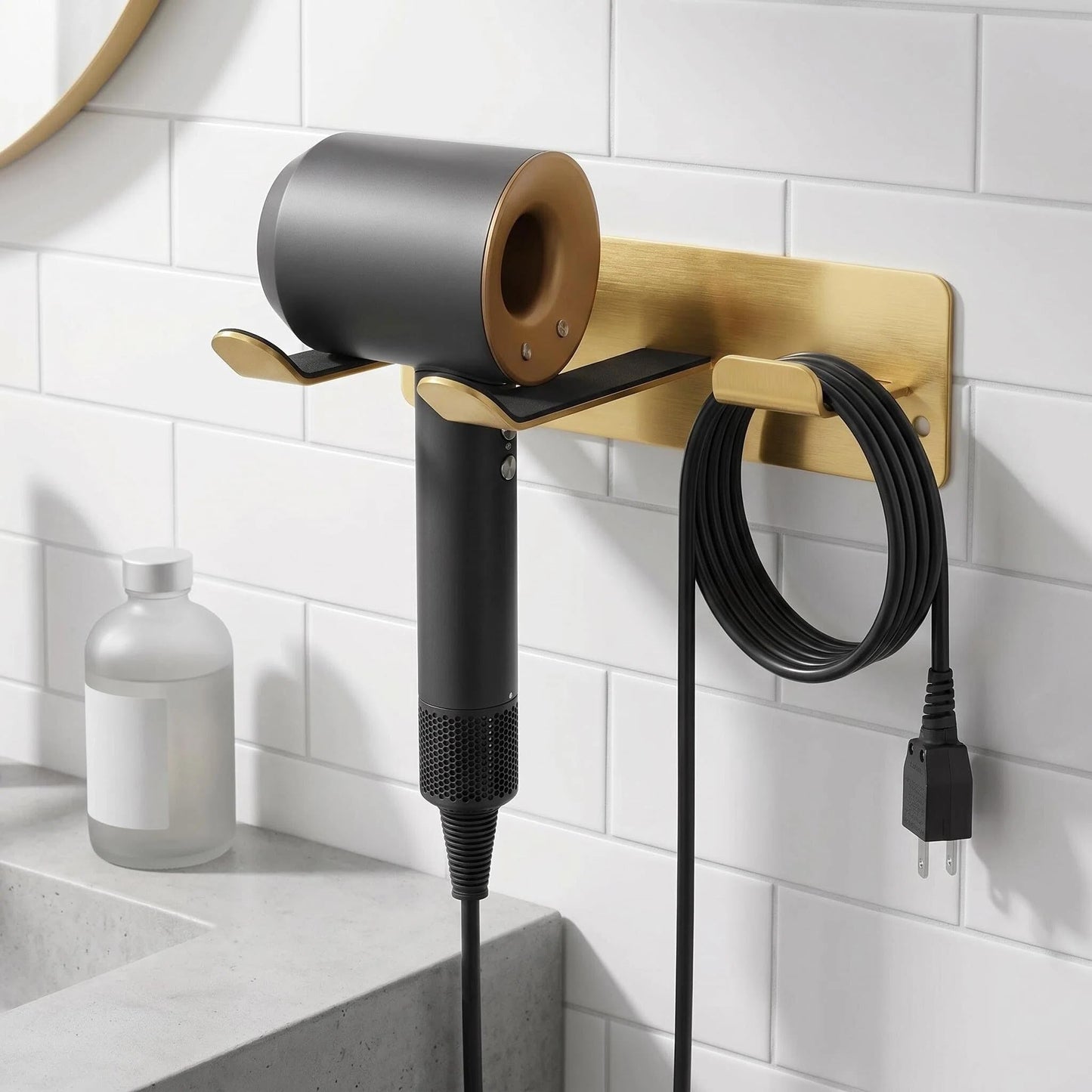 YOUGRIDDA Hair Dryer Holder Wall Mount, Universal No-Drill Stainless Steel Organizer with 3M Adhesive & Screws, Space Saving Blow Dryer Hanger for Bathroom Bedroom Salon RV (Gold)
