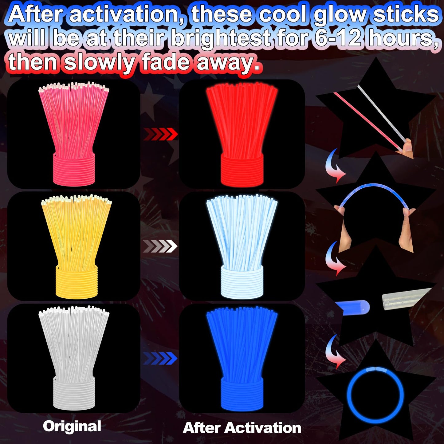 4th of July Red White Blue Glow Sticks Bulk with Connectors 100 PCS, Fourth of July Light Up Necklaces Bracelet Accessories for Kids Adults, 250th Anniversary Patriotic Party Favors Independence Day