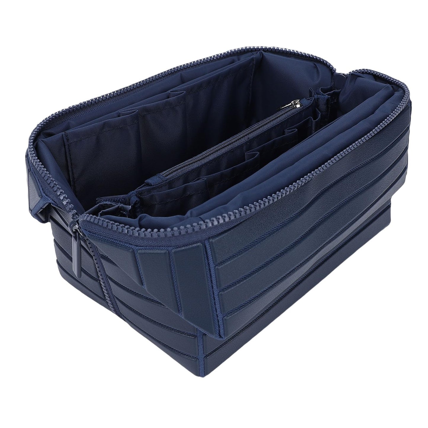 Yechiry Foldable Makeup Bag, Water Proof Makeup Organizer, Large Capacity Travel Size Toiletries with Zip Closure Instantly Lays Flat Cosmetic Case for Women Toiletries Organizer (Navy Blue)