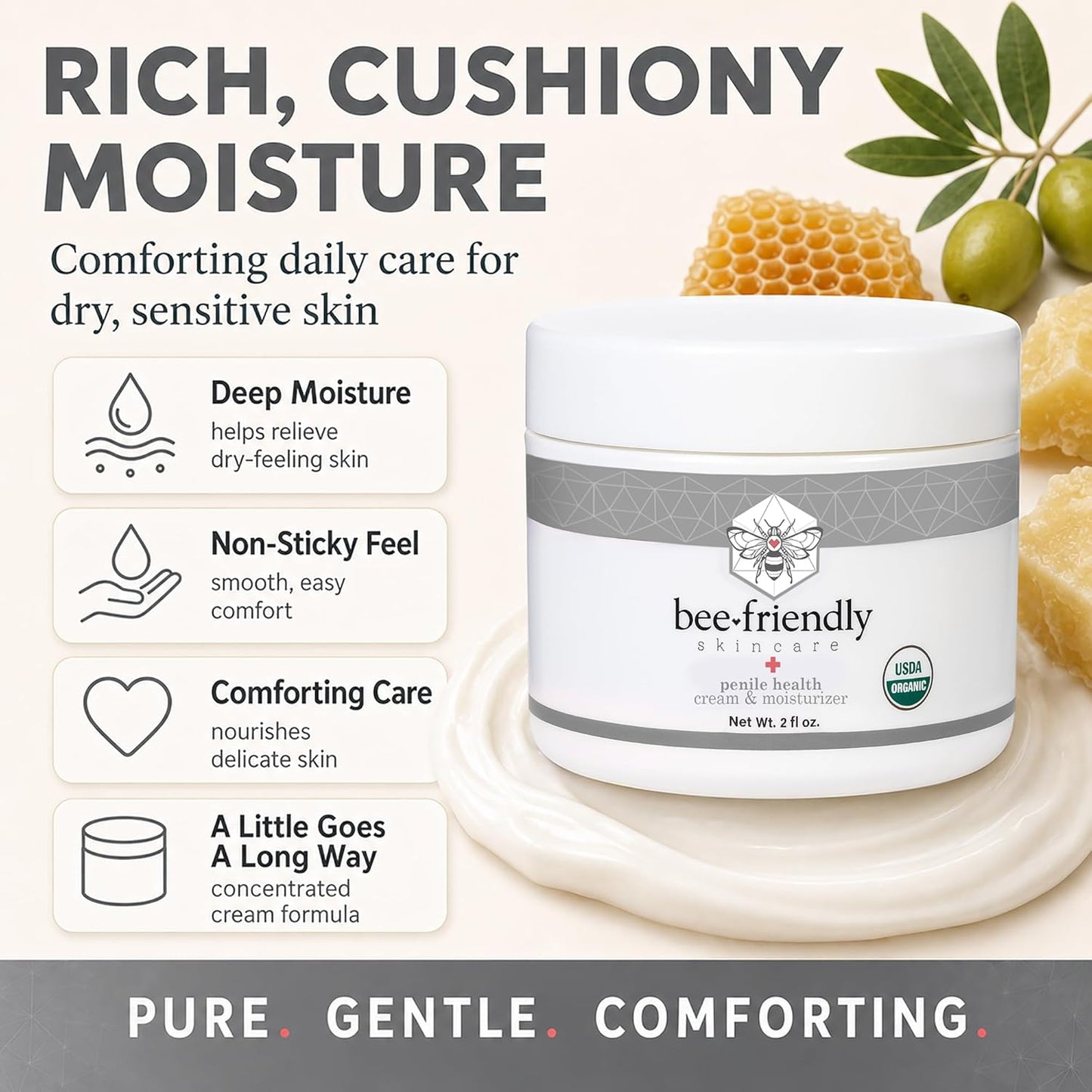 Organic Penile Health Cream - USDA Certified Natural Moisturizer for Dry, Chafed Skin | 2 oz