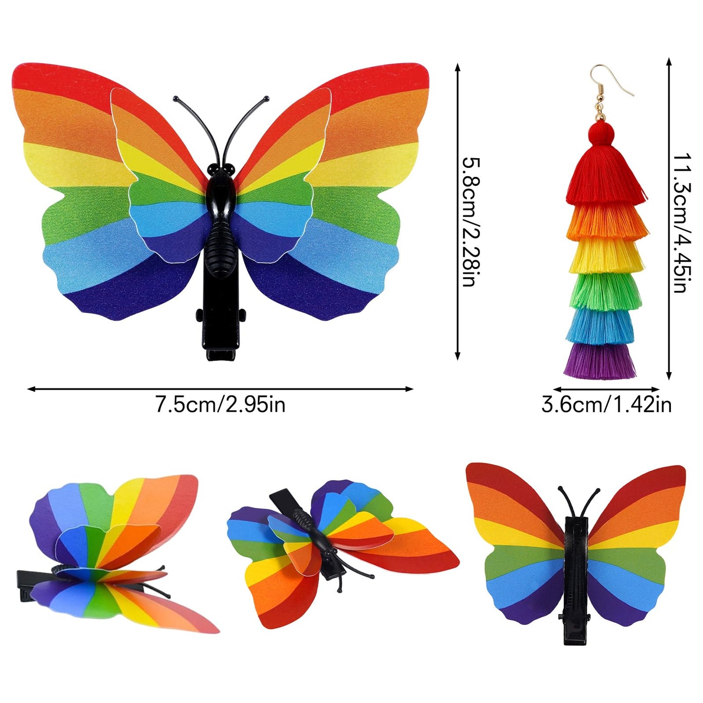 6 Pcs Pride Rainbow Butterfly Hair Clips with Tassel Earrings Gay Pride Day Hair Accessories Pride Earrings LGBT Rainbow Accessories for Women Girls Men LGBT Pride Day Parades Celebrations Decorations