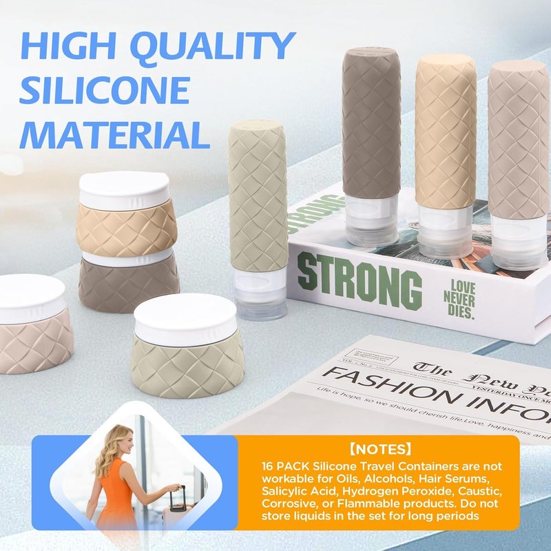 Travel Bottles Set - 16 Pack TSA Approved BPA-Free Silicone Containers | Leak-Proof Refillable Jars with Clear Bag (Cream)