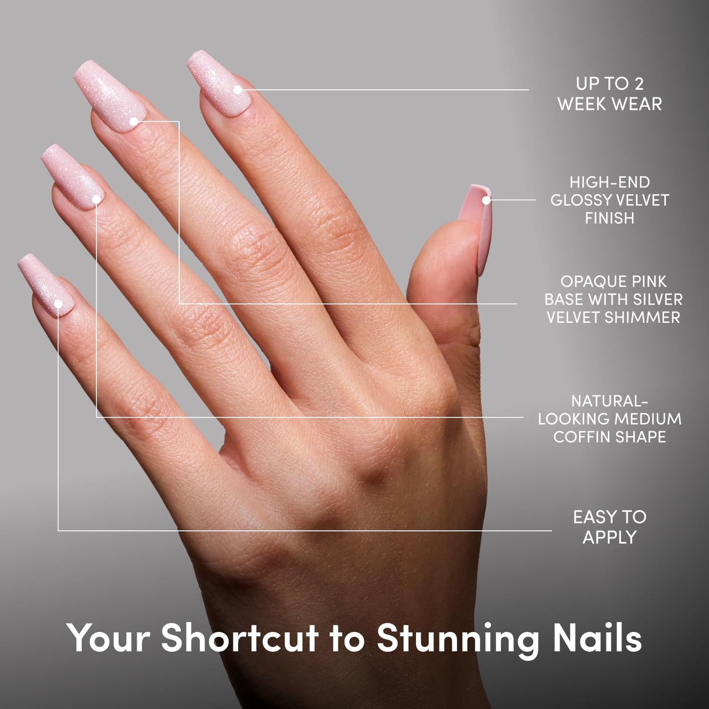 Glamnetic Press On Nails - Medium Coffin Fake Nails | Velvet Pink Shimmer Press On Nails, Salon Quality Kit with Glue | Pink Secret - 30 Nail Set in 15 Sizes