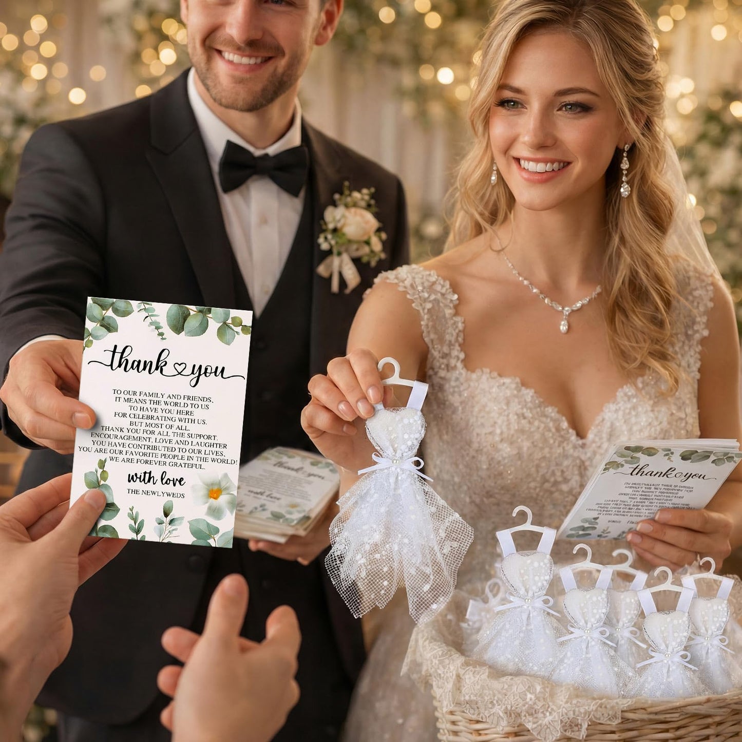 Conelist 150 Pcs/50 Sets Bridal Shower Party Favors Wedding Party Favors for Guests Bulk Bachelorette Heart Shaped Candles in Mini Wedding Dresses Engagement Bridesmaids Gifts with Thank You Card