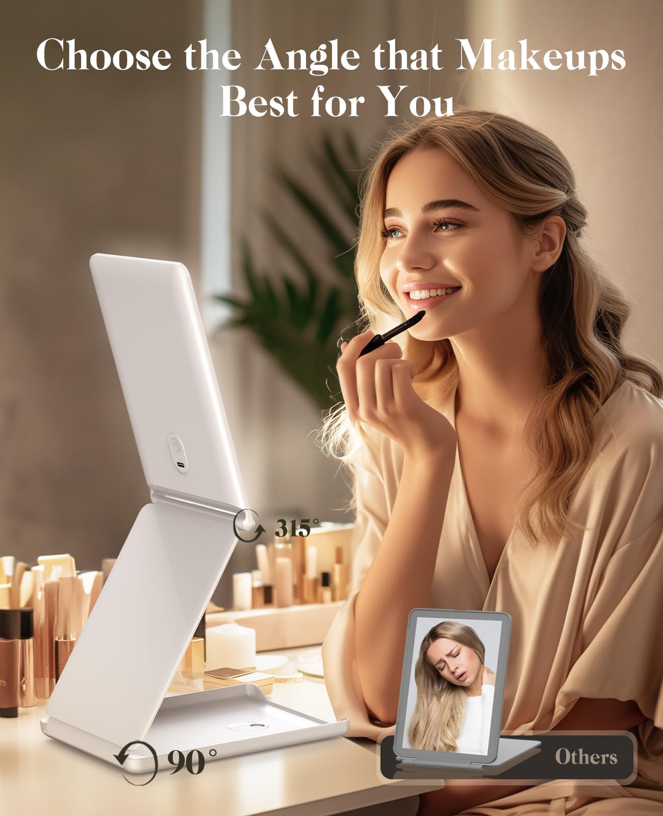 Jack & Rose Travel Mirror with Light, Travel Makeup Mirror with Magnification, Adjustable Height and Angle, Portable Folding Mirror