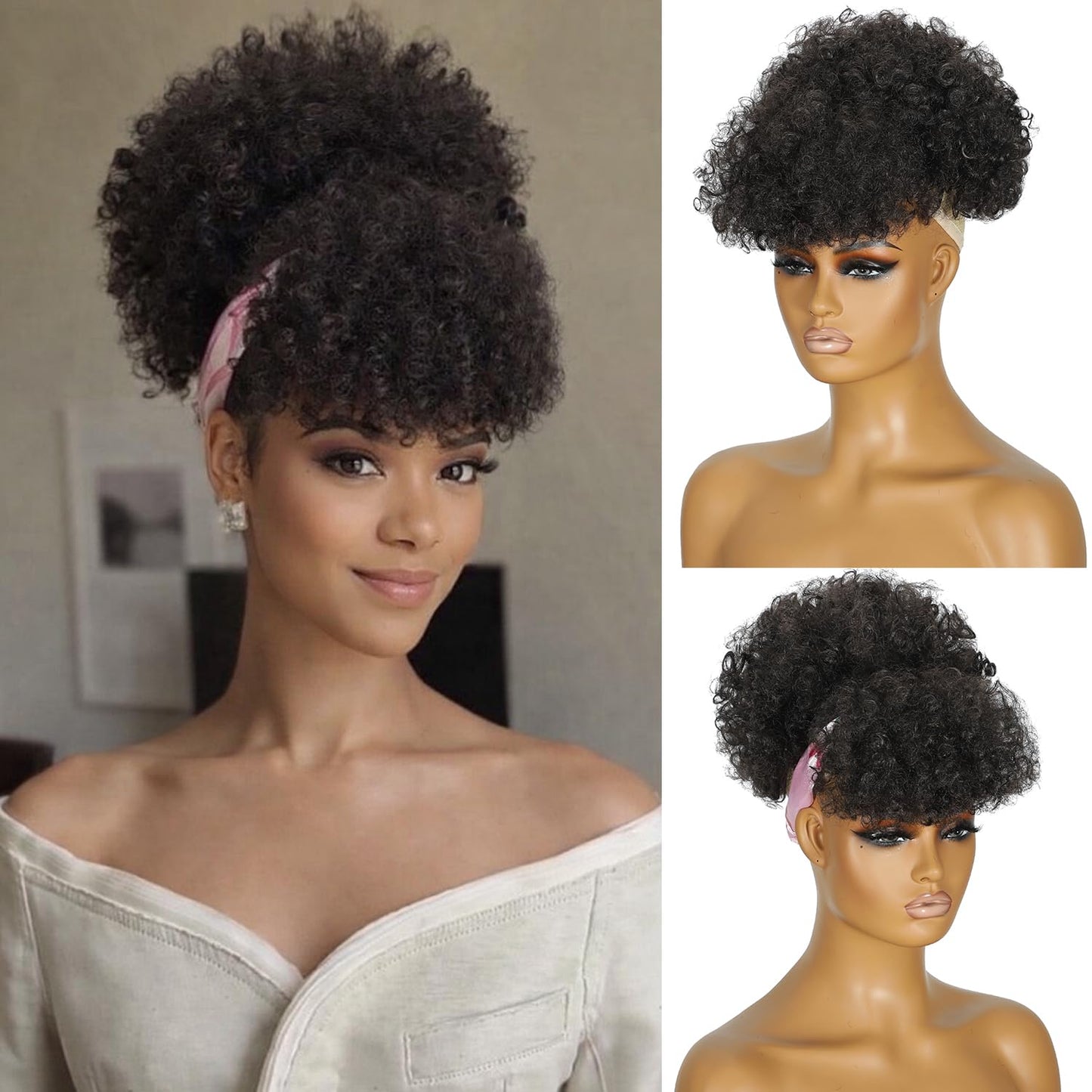 Kinky Curly Dark Brown Mohawk Wig - Short Synthetic Clip-On Ponytail with Bangs | Fluffy Hair Extension for Daily & Party Use