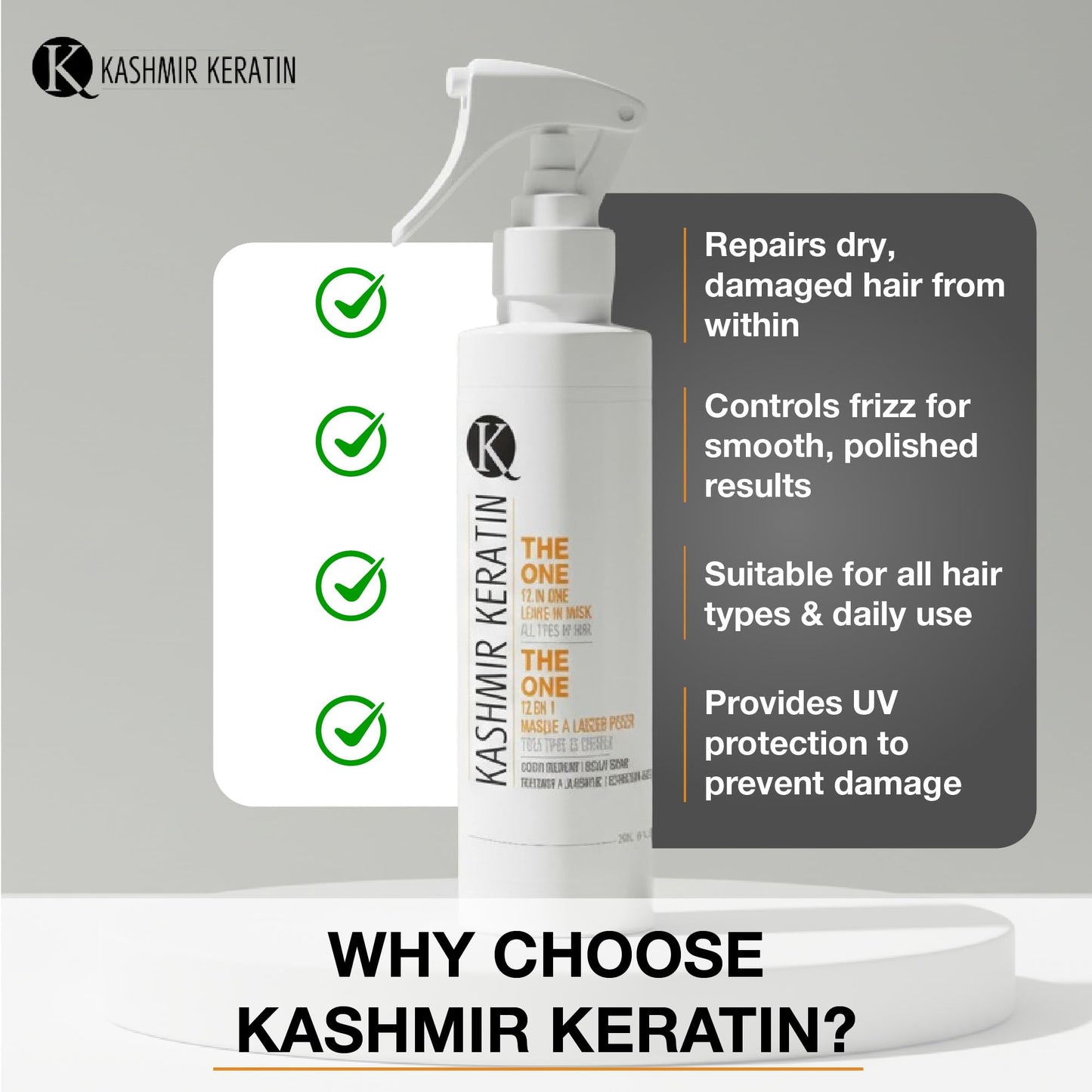 Kashmir Keratin THE ONE Leave In Conditioner 12-in-1 Hair Treatment Spray (8 Fl Oz) detangles, Smooths Frizz, Adds Shine & Hydration for Dry Damaged Hair, Lightweight Keratin Care for All Hair Types